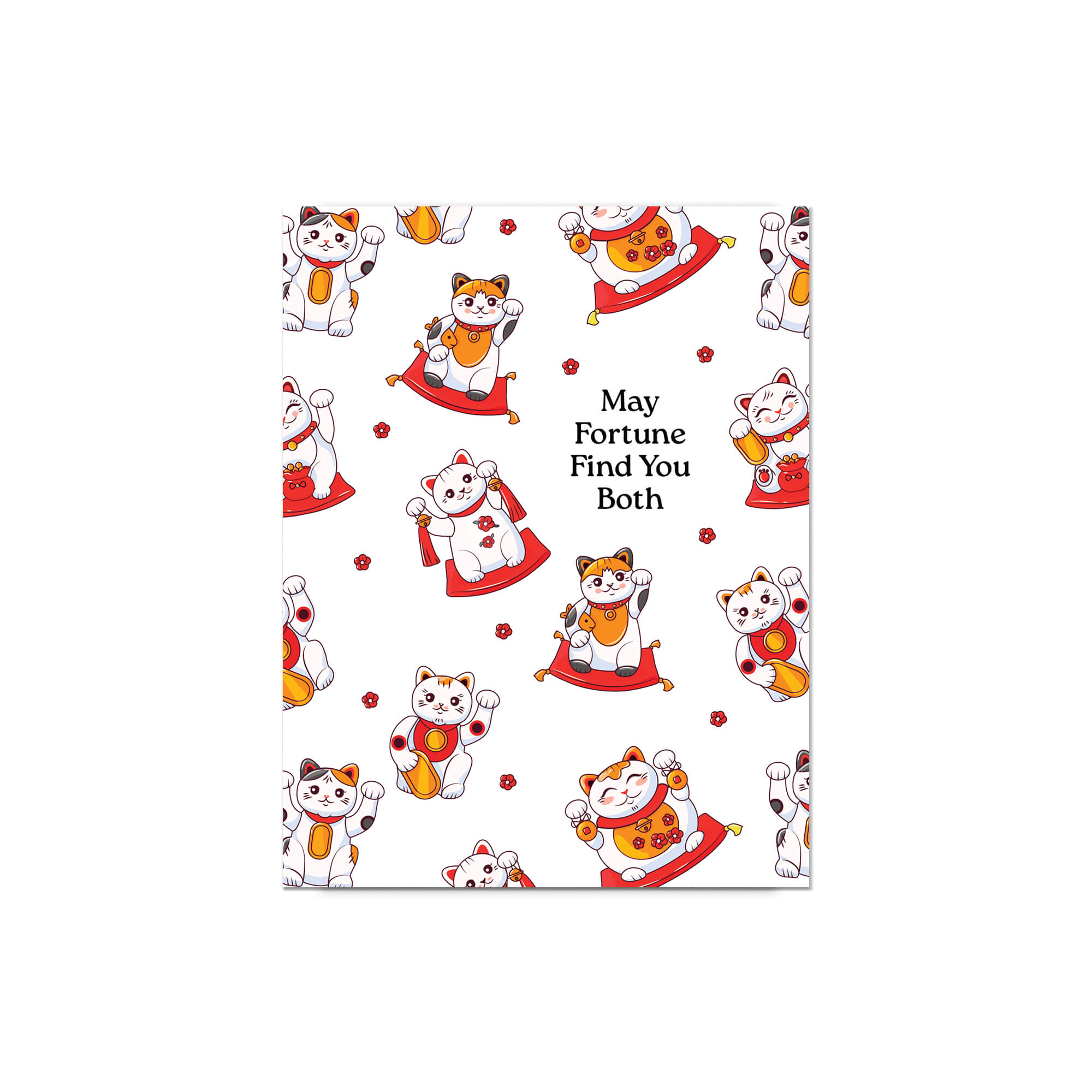 asian wedding Greeting card with maneki-neko cats and text 'May Fortune Find You Both' on a white background.