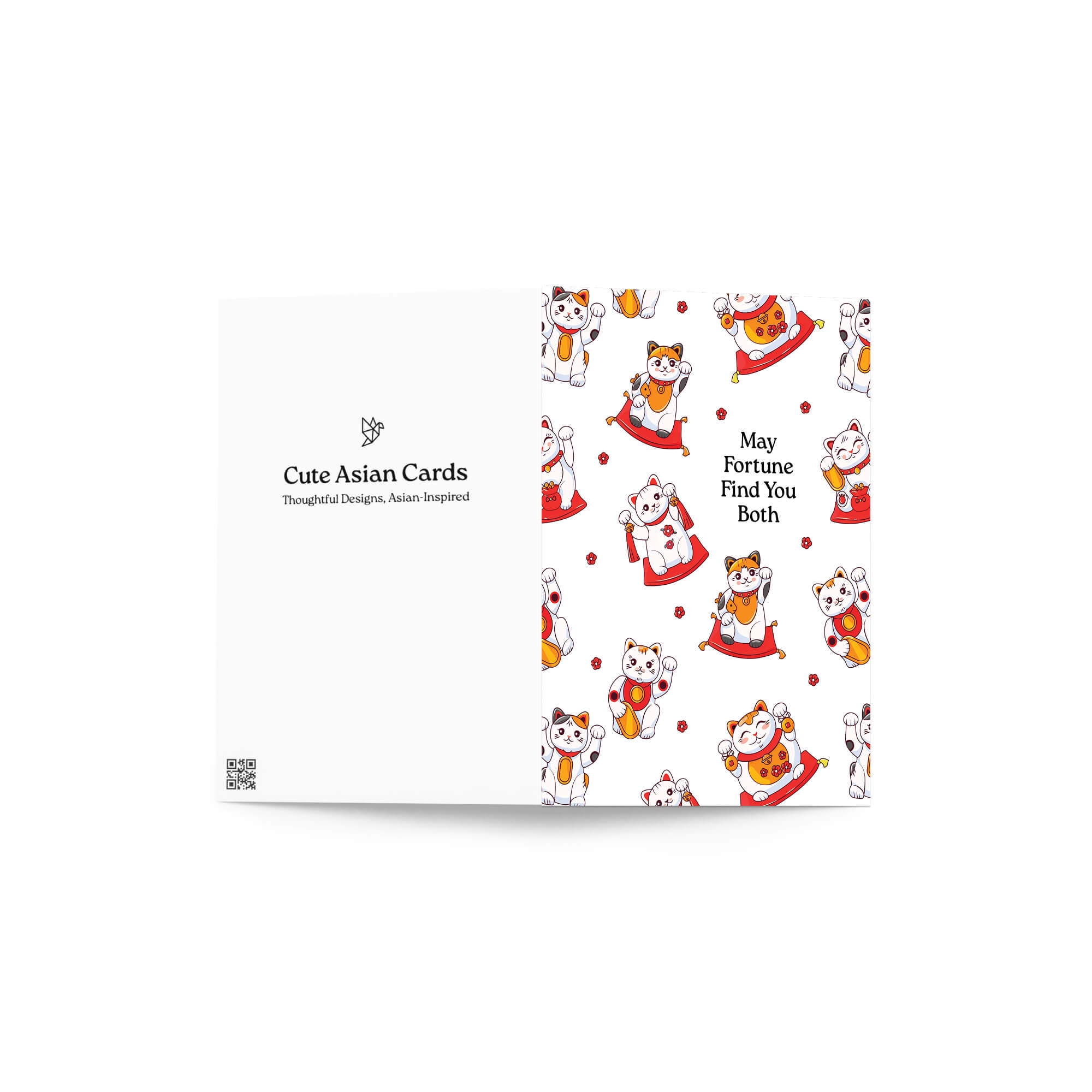 asian wedding Greeting card with maneki-neko cats and text 'May Fortune Find You Both' on a white background.