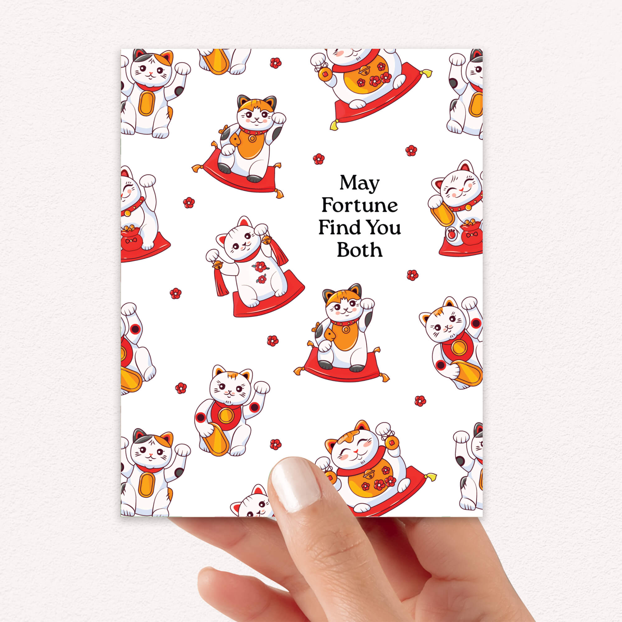 asian wedding Greeting card with maneki-neko cats and text 'May Fortune Find You Both' on a white background.