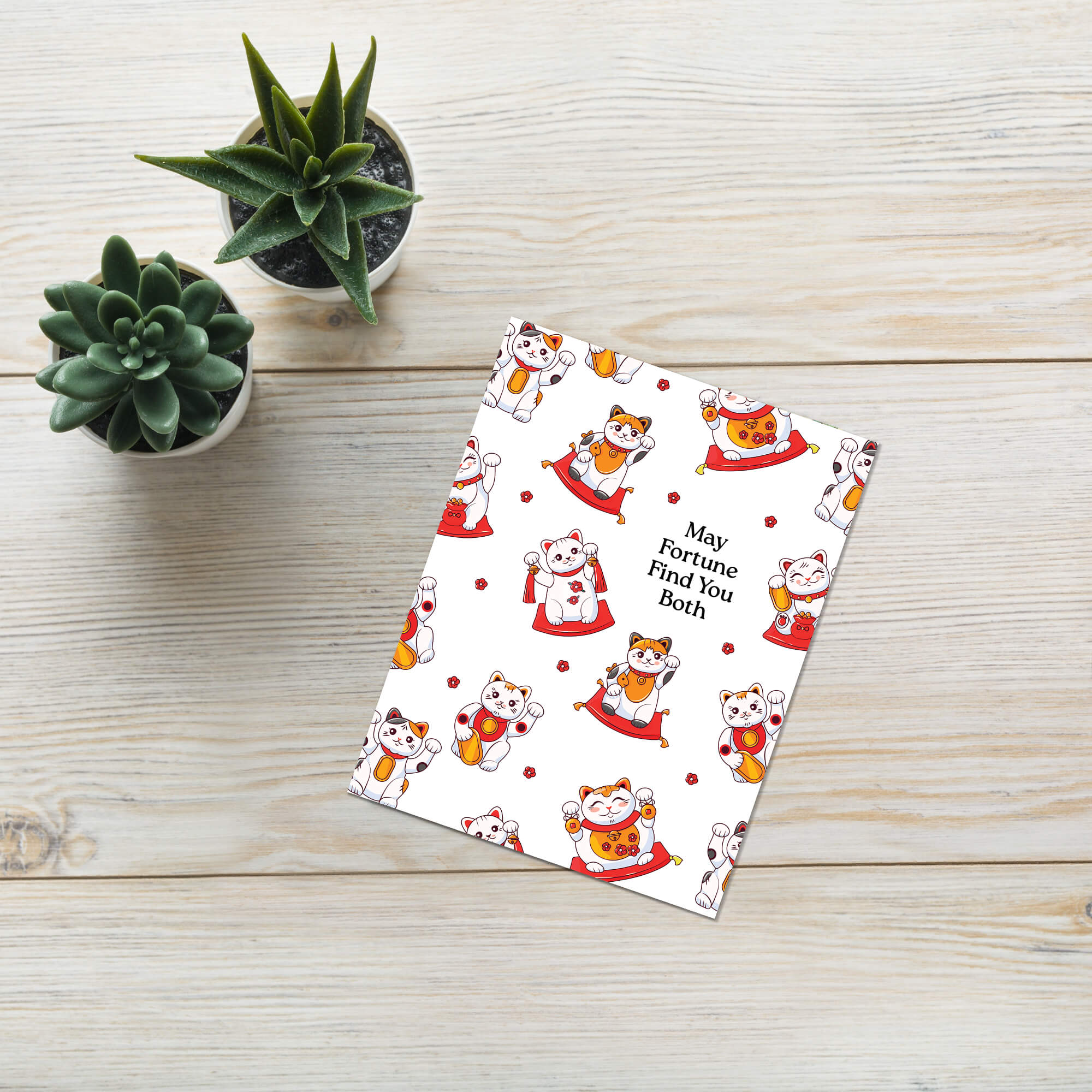 asian wedding Greeting card with maneki-neko cats and text 'May Fortune Find You Both' on a white background.