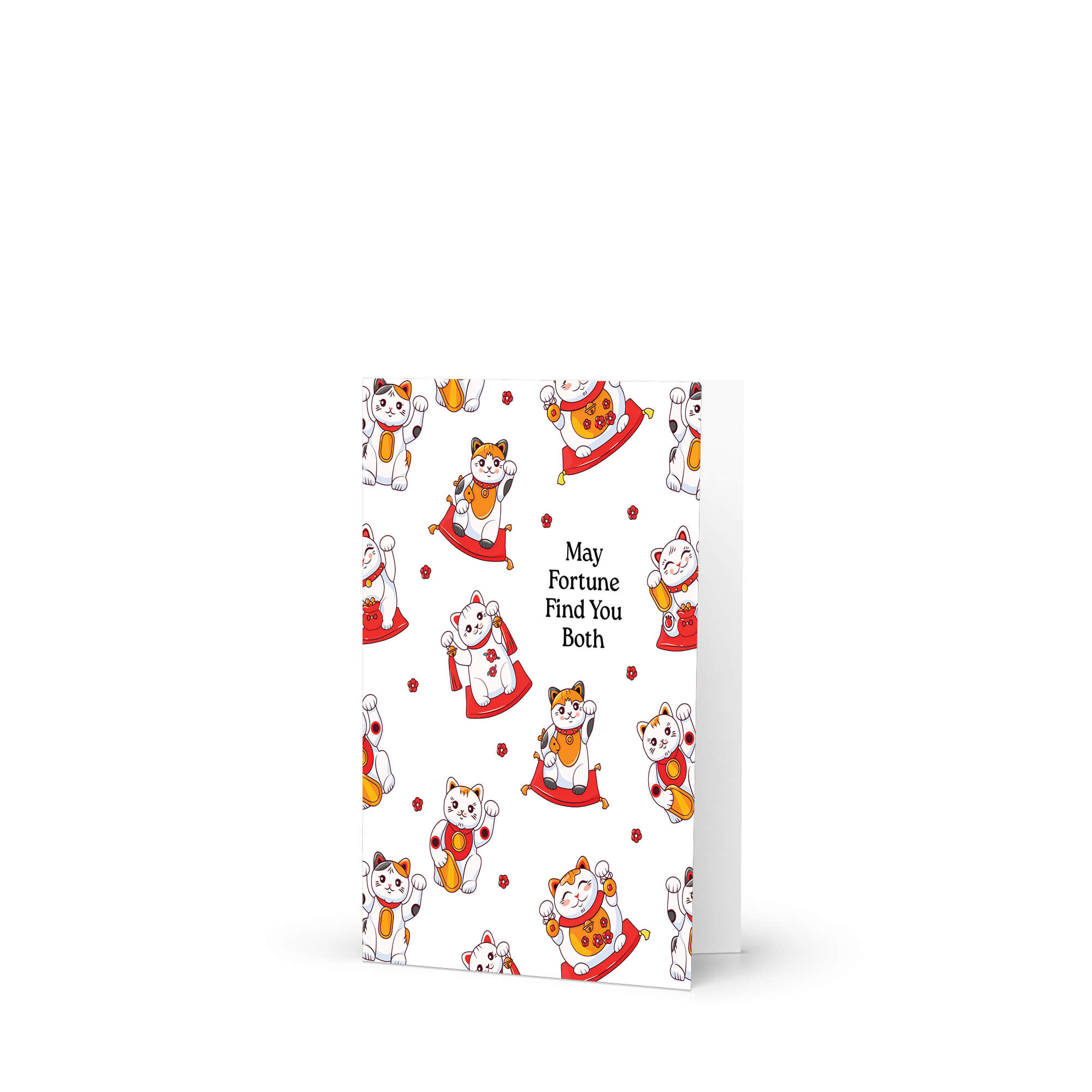 asian wedding Greeting card with maneki-neko cats and text 'May Fortune Find You Both' on a white background.