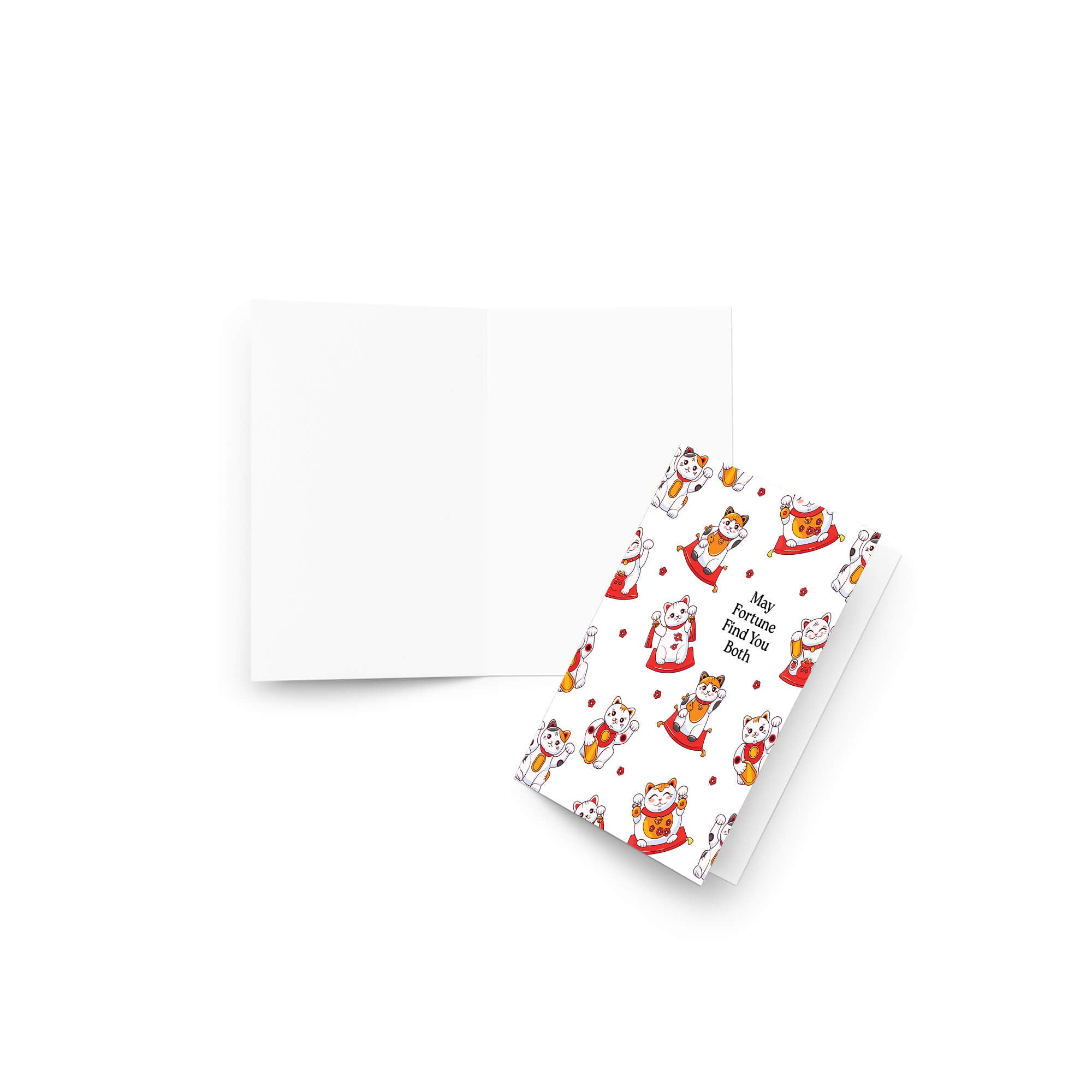 asian wedding Greeting card with maneki-neko cats and text 'May Fortune Find You Both' on a white background.