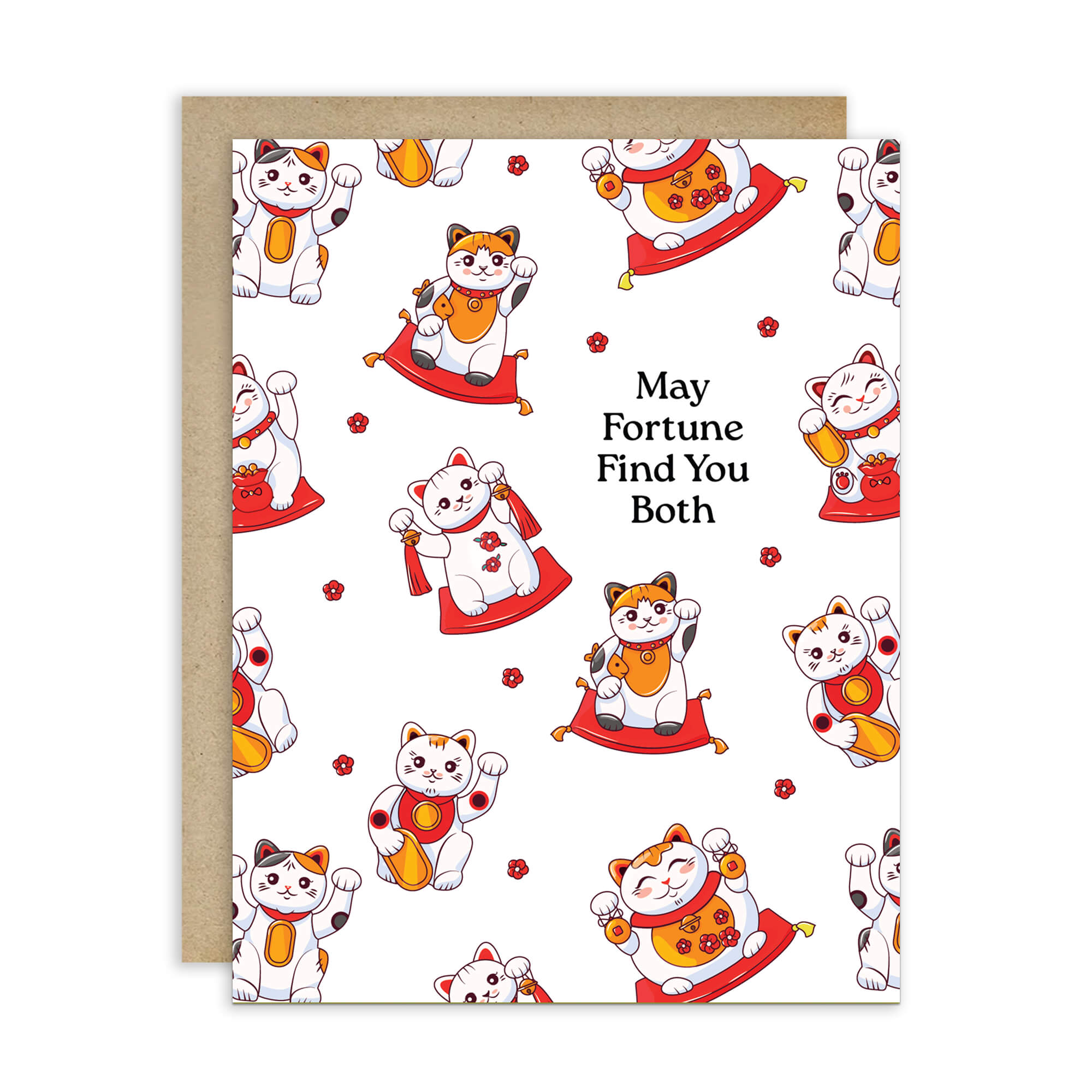 asian wedding Greeting card with maneki-neko cats and text 'May Fortune Find You Both' on a white background.