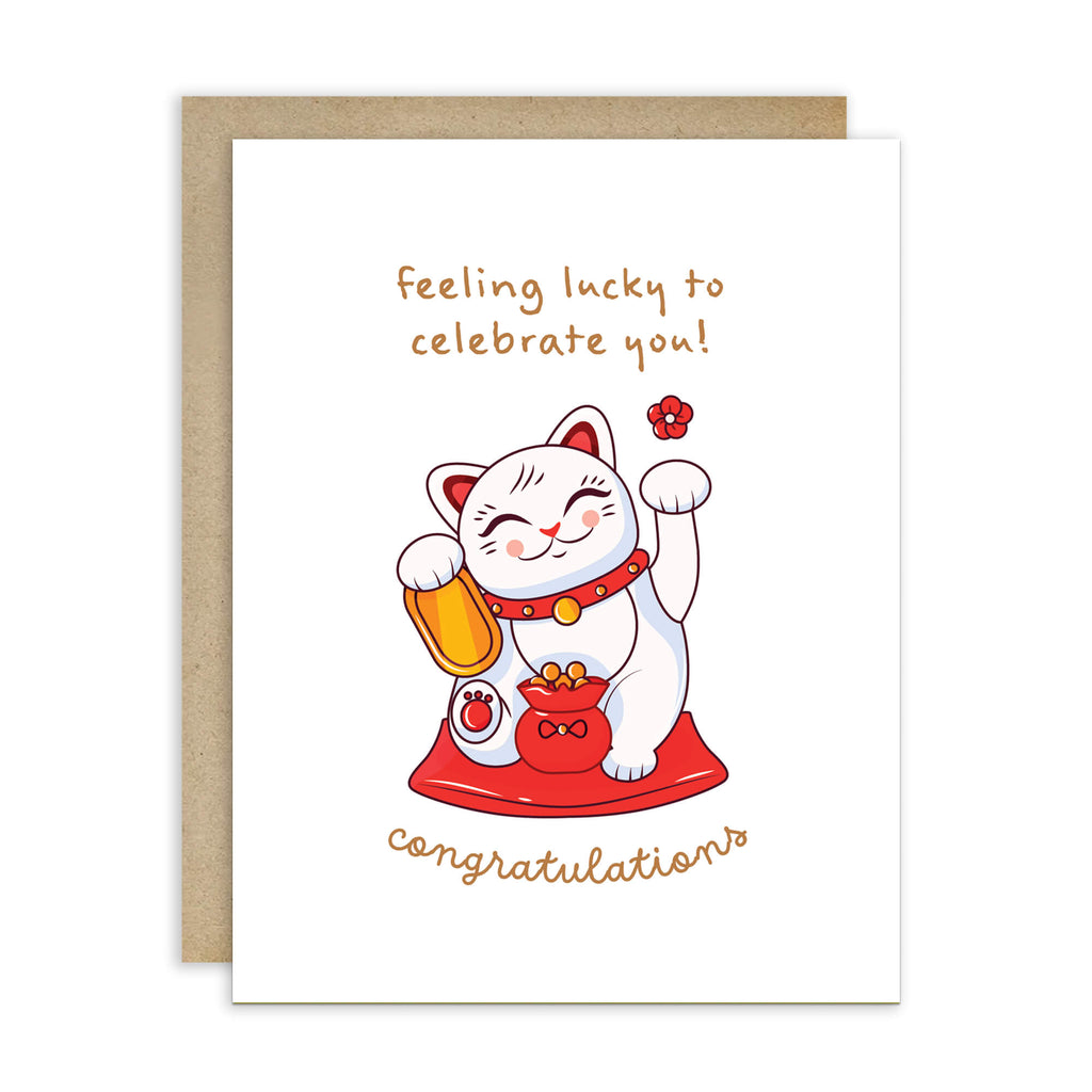 Greeting card with a japanese maneki neko cat illustration and text on a white background