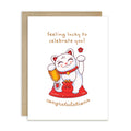 Greeting card with a japanese maneki neko cat illustration and text on a white background
