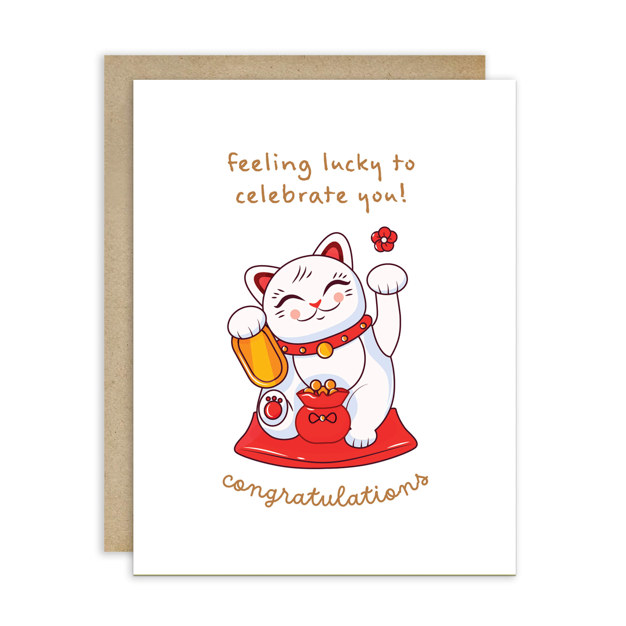 Greeting card with a japanese maneki neko cat illustration and text on a white background