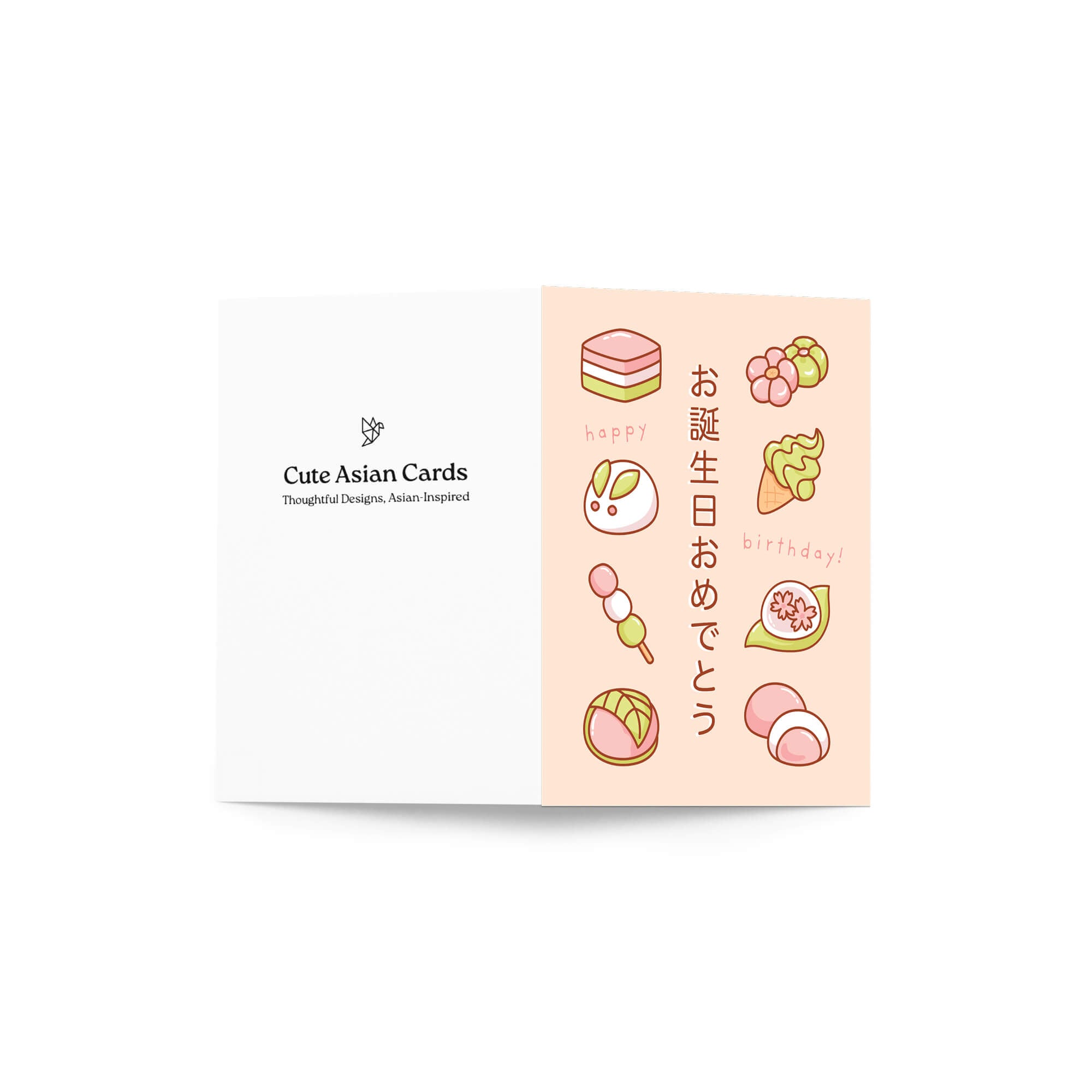 A folded greeting card shown open against a white background. The left panel is white with the text 'Cute Asian Cards' and a small logo.