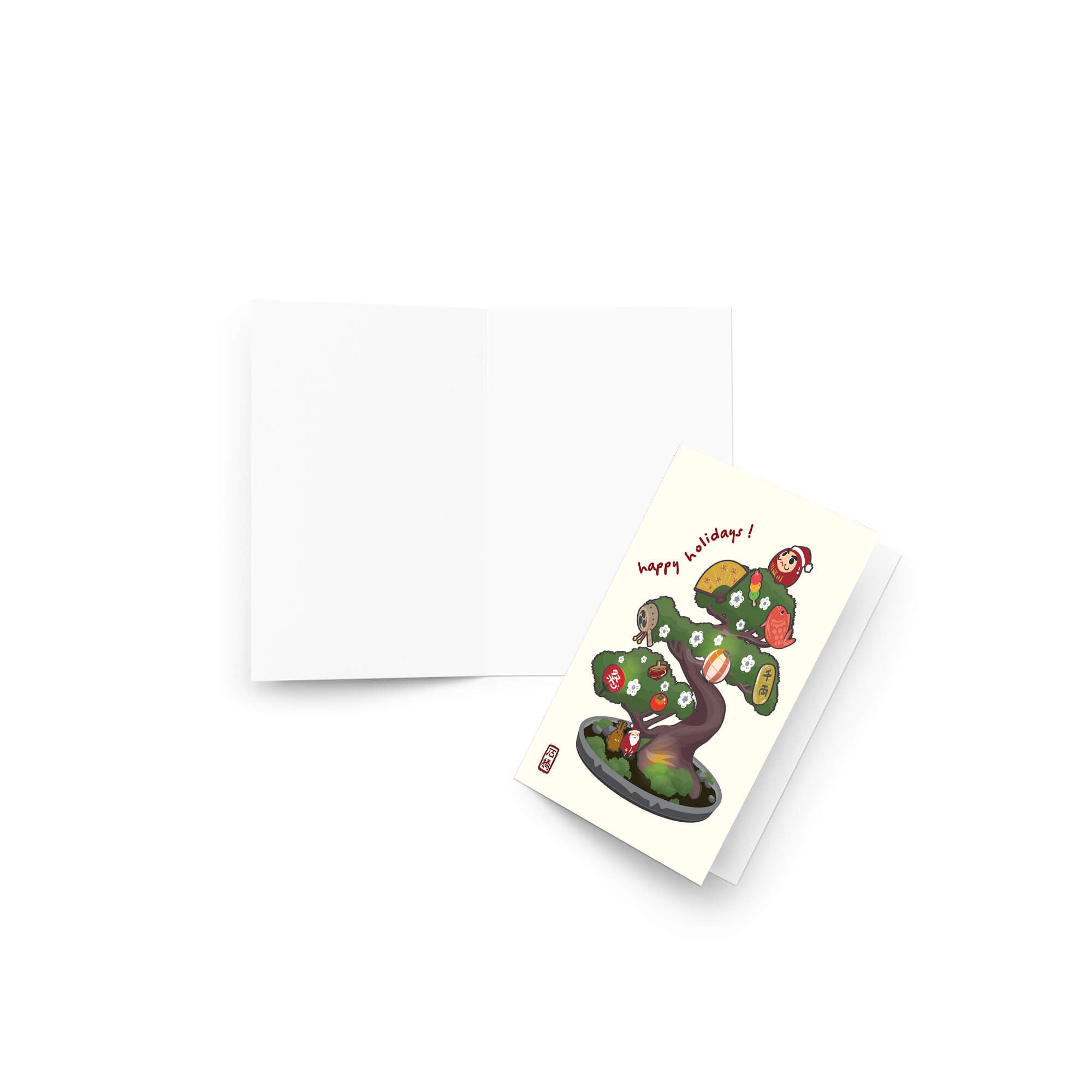 cute japanese christmas card with an Illustration of a bonsai tree decorated with lucky charms, daruma, and red lanterns. Text reads “happy holidays!”
