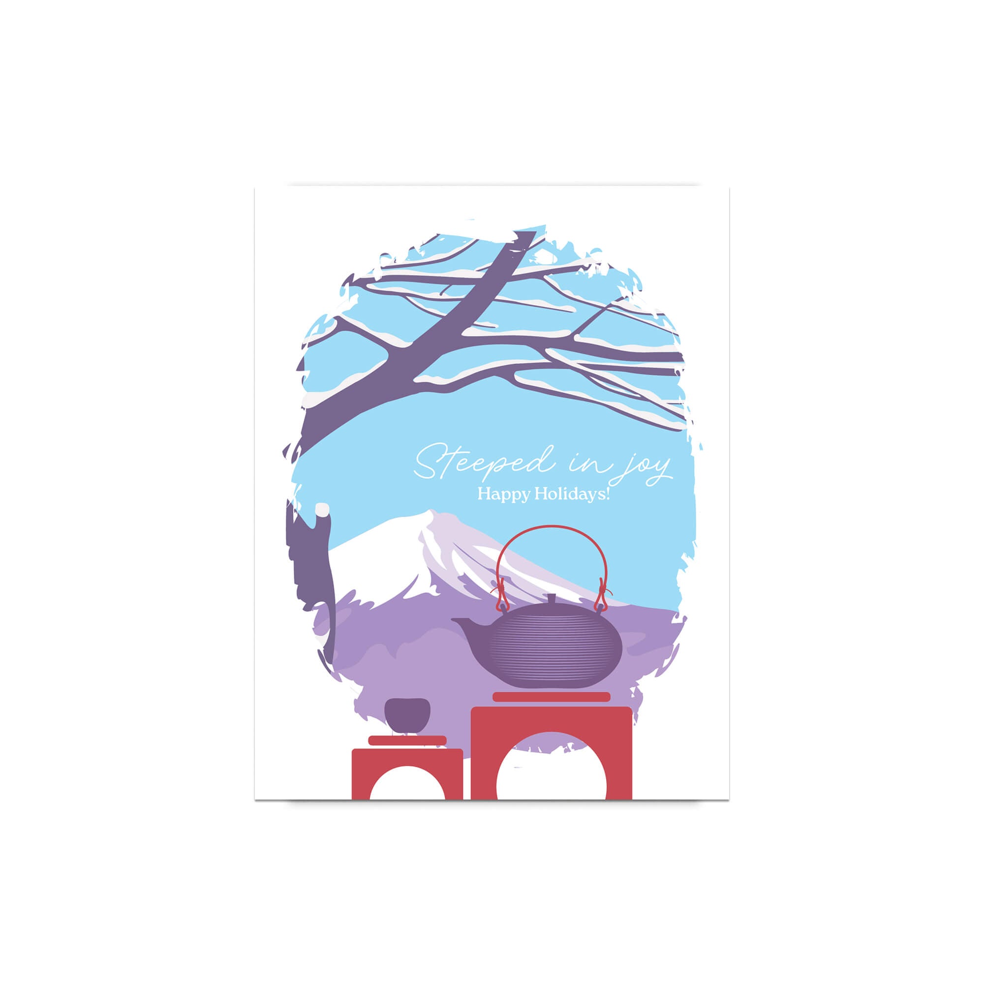 christmas Greeting card with japan's mount fuji winter scene, teapot, and 'Steeped in Joy Happy Holidays' text.