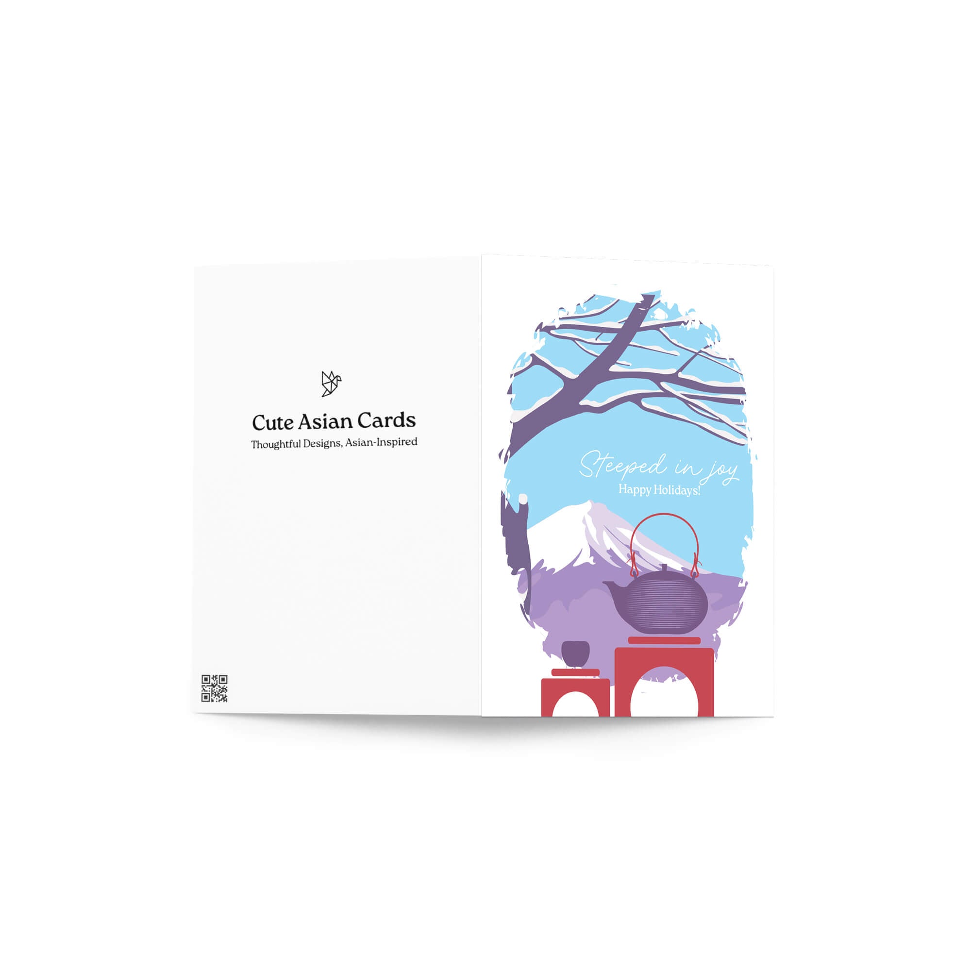 christmas Greeting card with japan's mount fuji winter scene, teapot, and 'Steeped in Joy Happy Holidays' text.