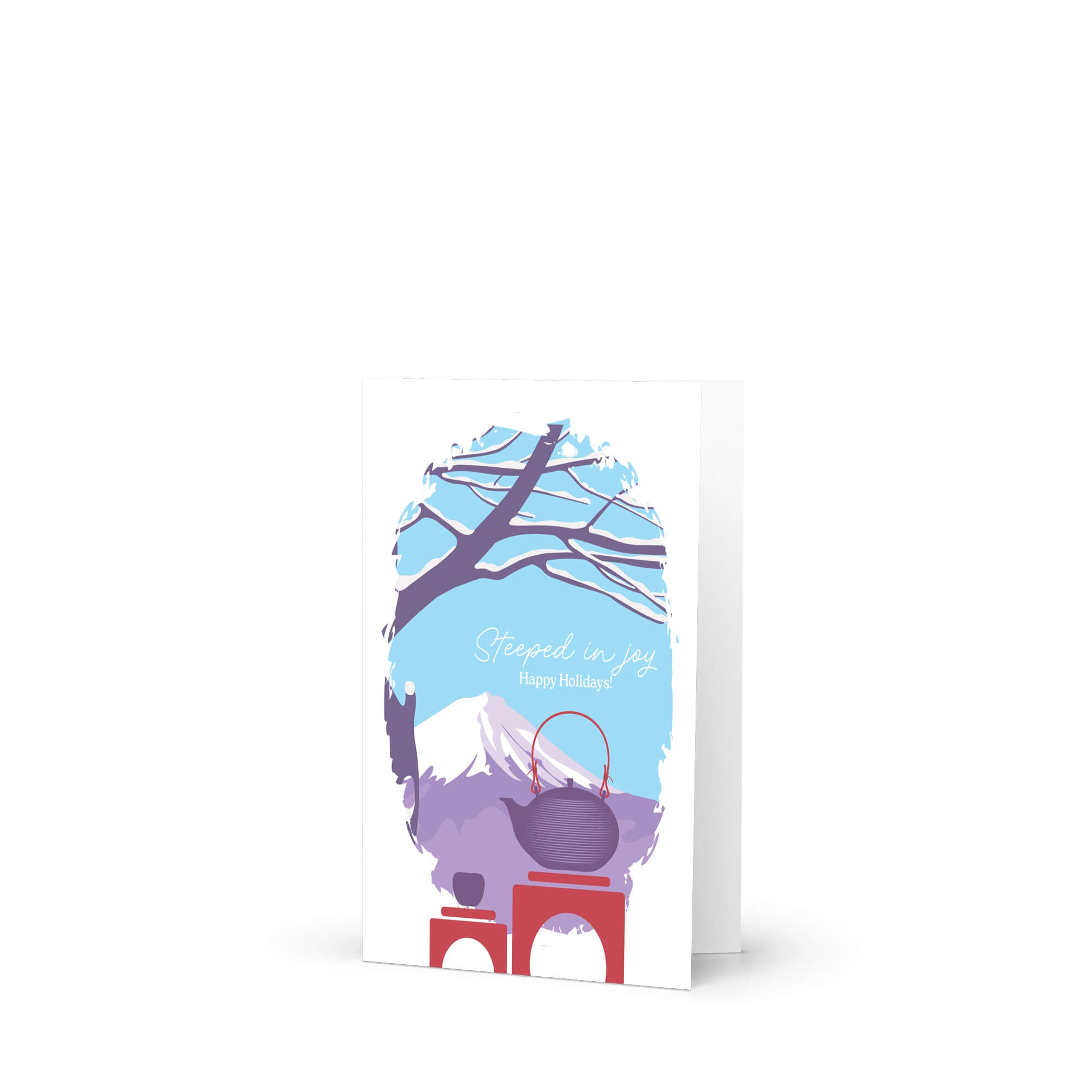 christmas Greeting card with japan's mount fuji winter scene, teapot, and 'Steeped in Joy Happy Holidays' text.