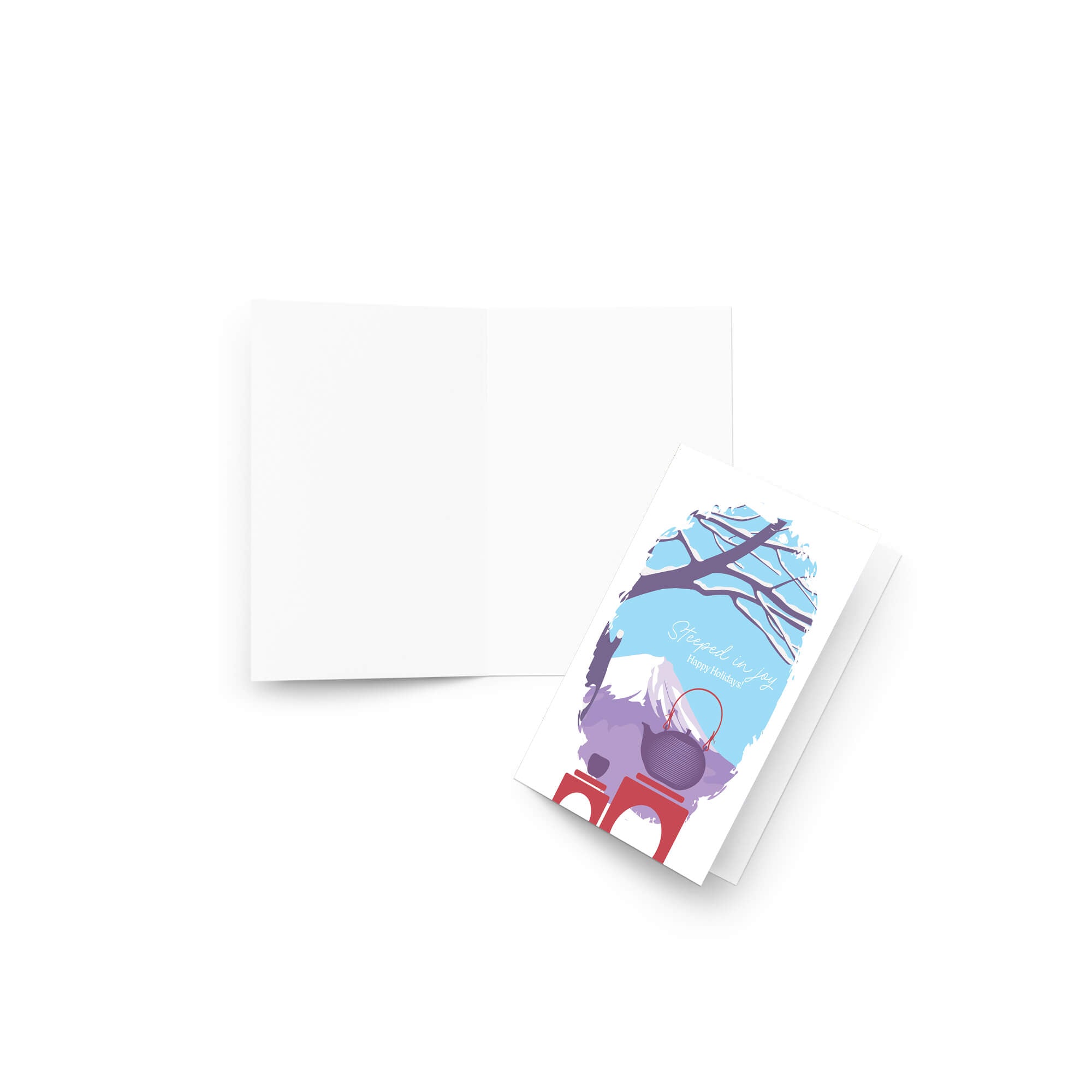 christmas Greeting card with japan's mount fuji winter scene, teapot, and 'Steeped in Joy Happy Holidays' text.
