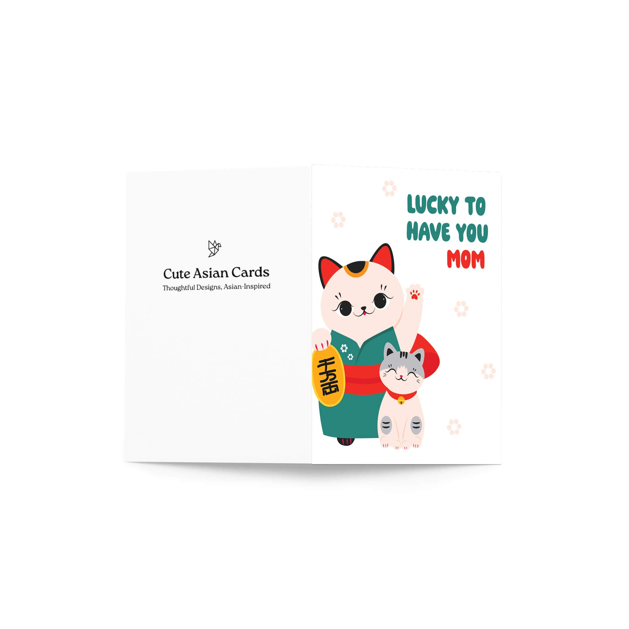 japanese Greeting card with 2 maneki neko lucky cats (mother and child) and text 'Lucky to have you mom' on a white background for a happy mother's day card