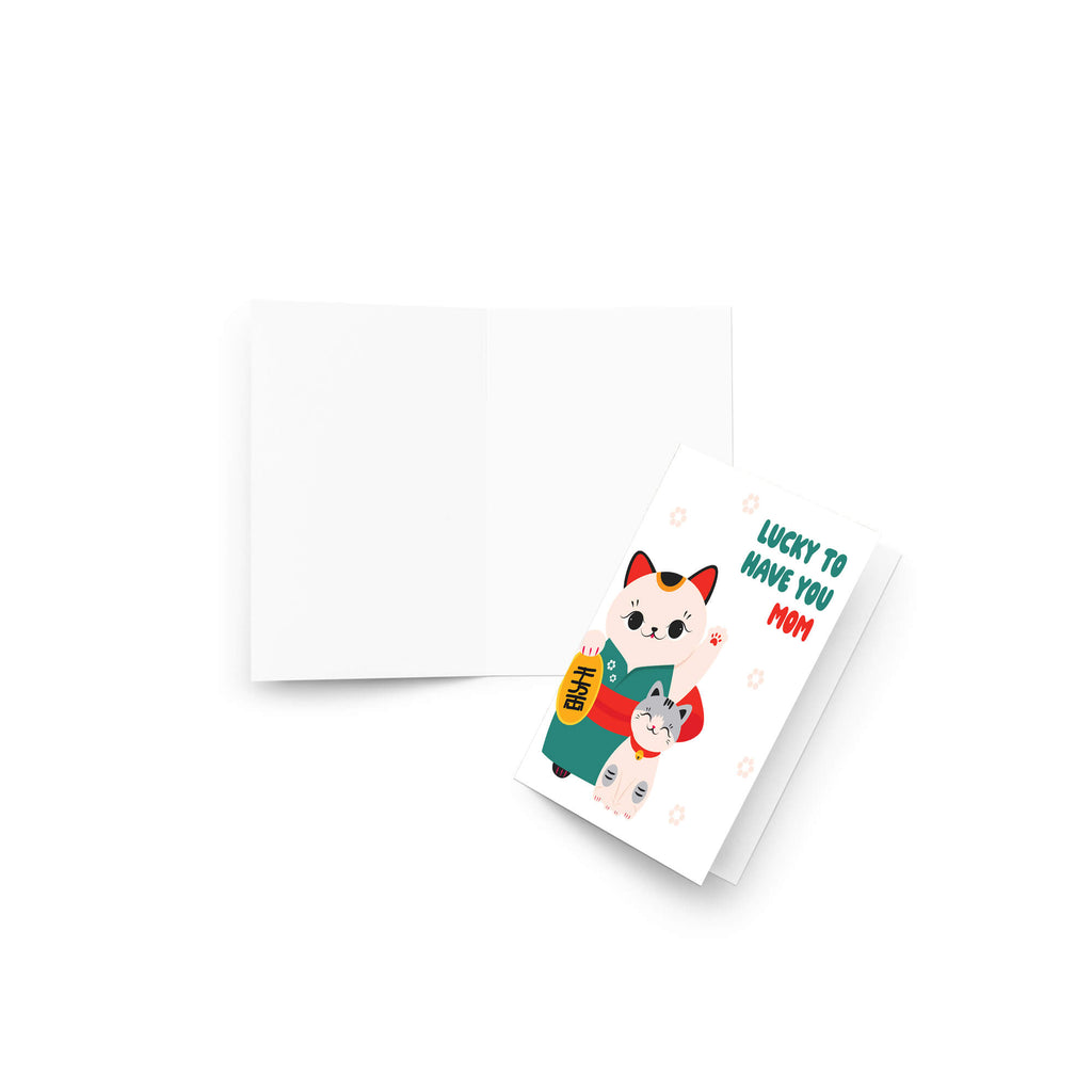 japanese Greeting card with 2 maneki neko lucky cats (mother and child) and text 'Lucky to have you mom' on a white background for a happy mother's day card