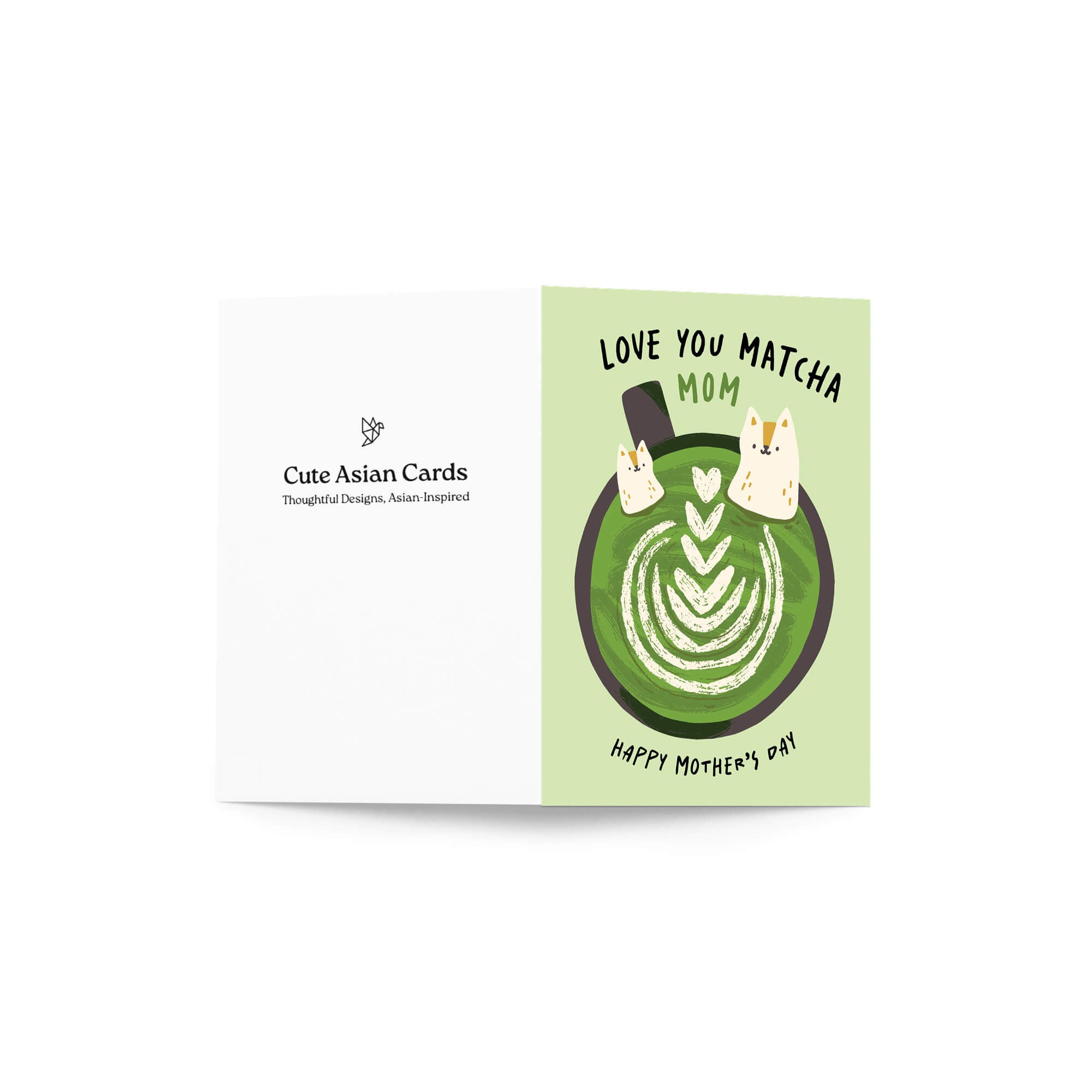 cute Mother's Day card with a green matcha latte design and text 'Love You Matcha Mom Happy Mother's Day' on a light green background and two cats in cup