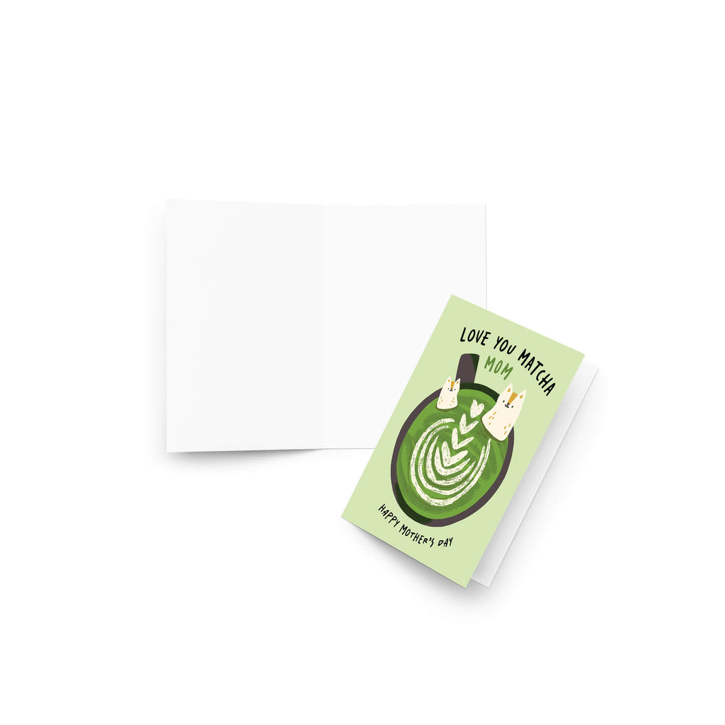 cute Mother's Day card with a green matcha latte design and text 'Love You Matcha Mom Happy Mother's Day' on a light green background and two cats in cup