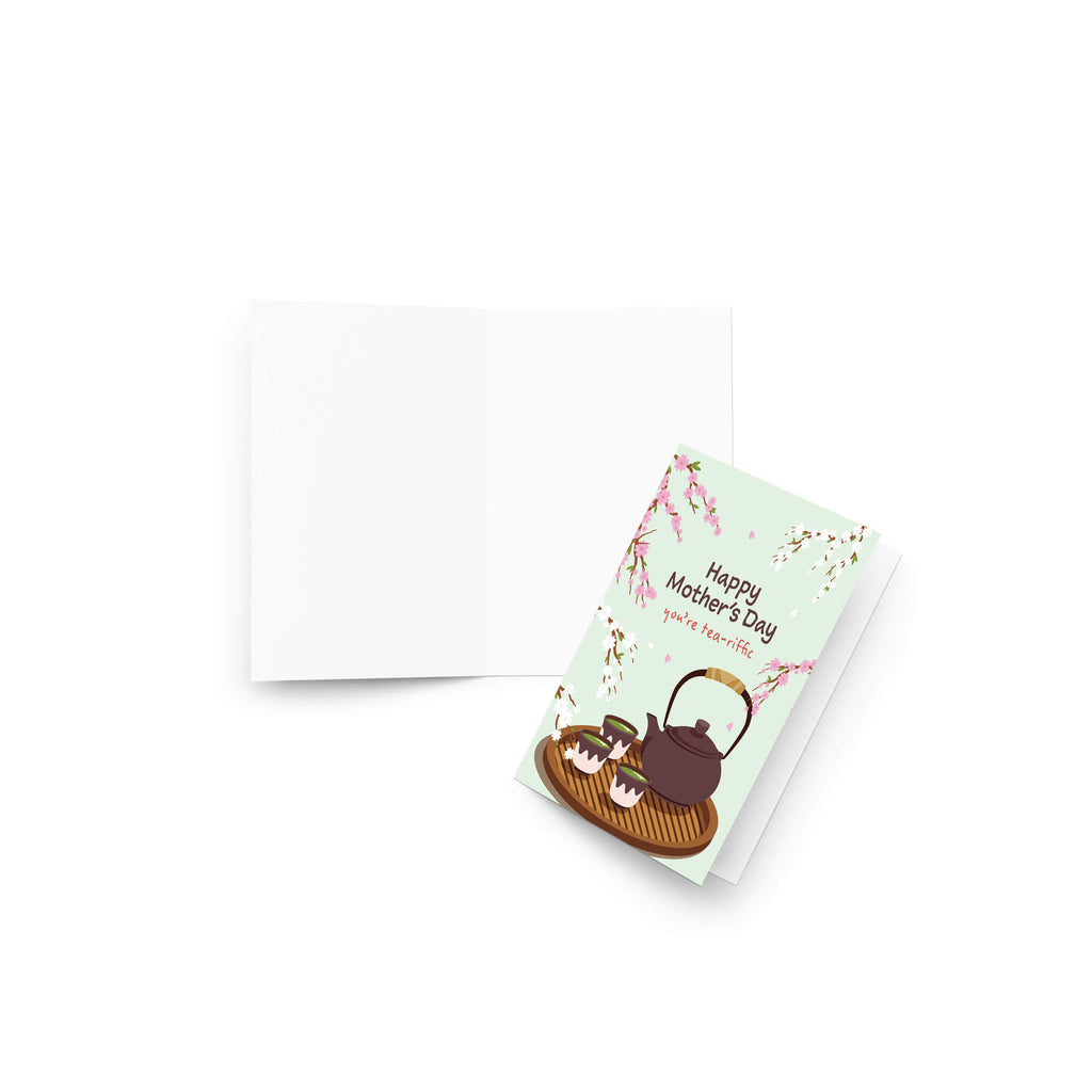 cute Mother's Day card with a brown teapot and cups with green tea and cherry blossom flowers around it with text you're tea-rrific 