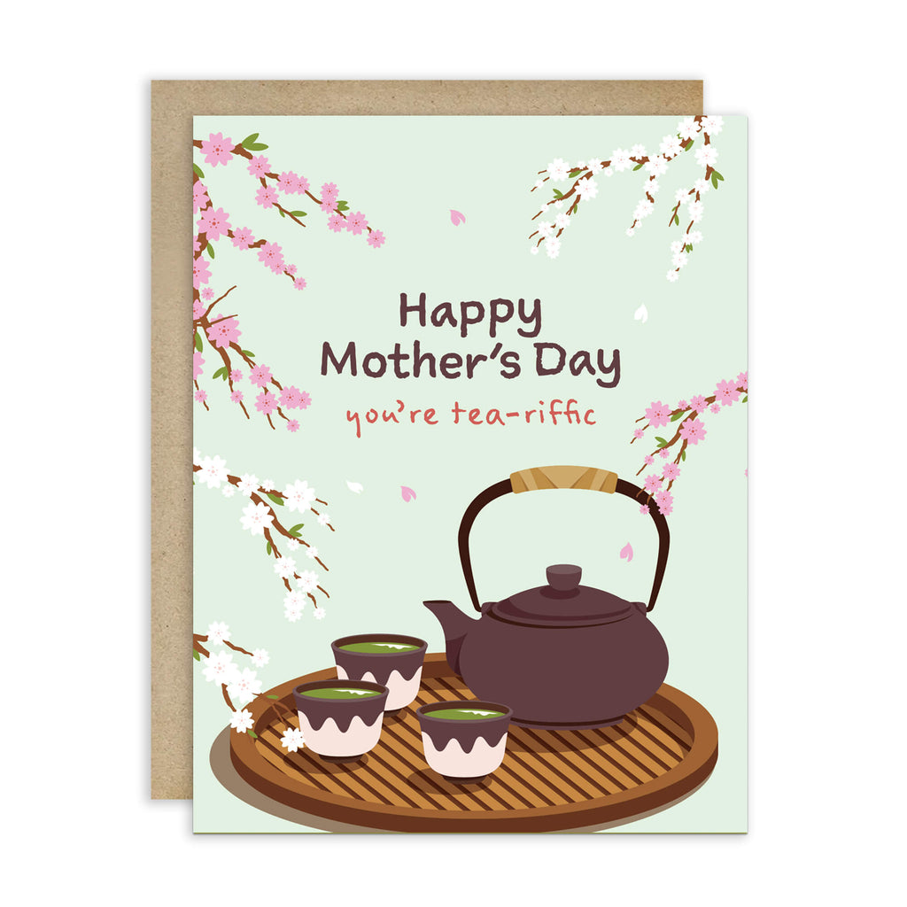 cute Mother's Day card with a brown teapot and cups with green tea and cherry blossom flowers around it with text you're tea-rrific 