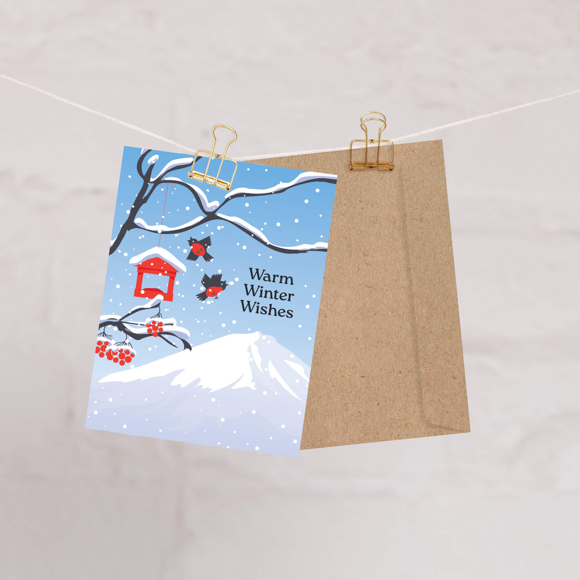 unique japanese christmas card. Snow-covered tree branches with red berries, birds, a red birdhouse, and Mt. Fuji. Text reads “Warm Winter Wishes.”