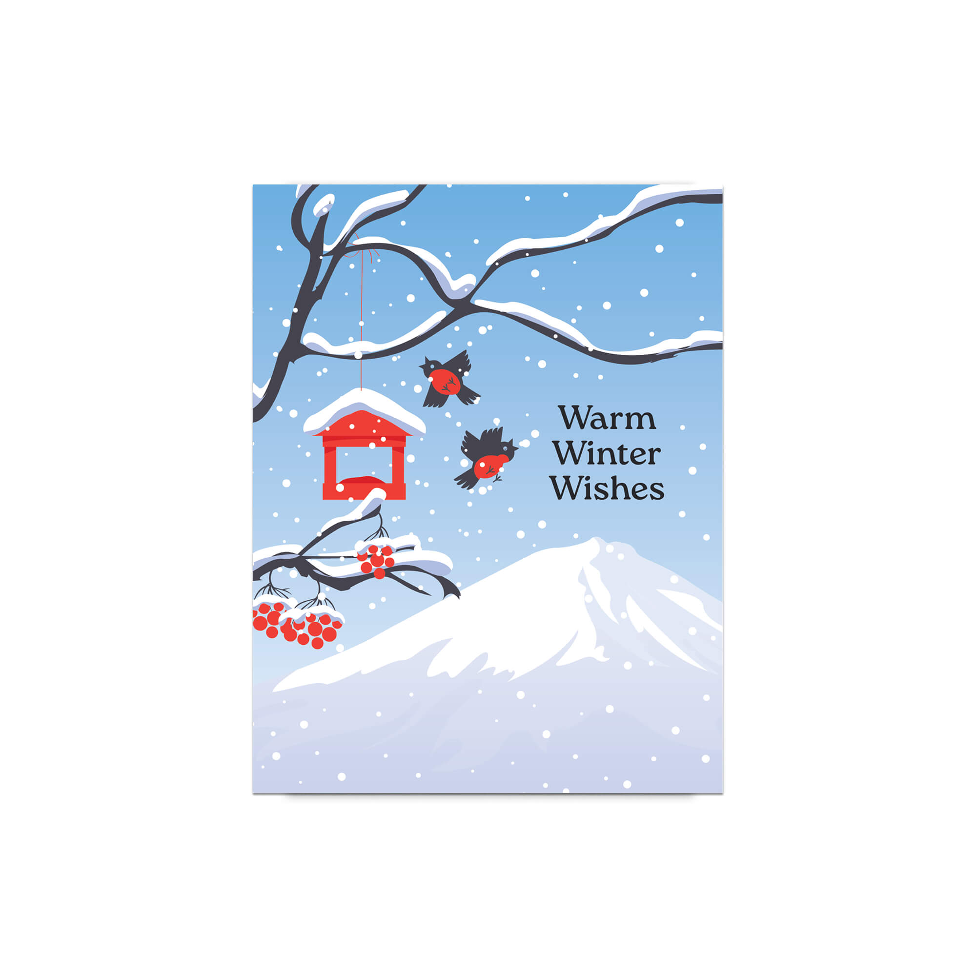 unique japanese christmas card. Snow-covered tree branches with red berries, birds, a red birdhouse, and Mt. Fuji. Text reads “Warm Winter Wishes.”