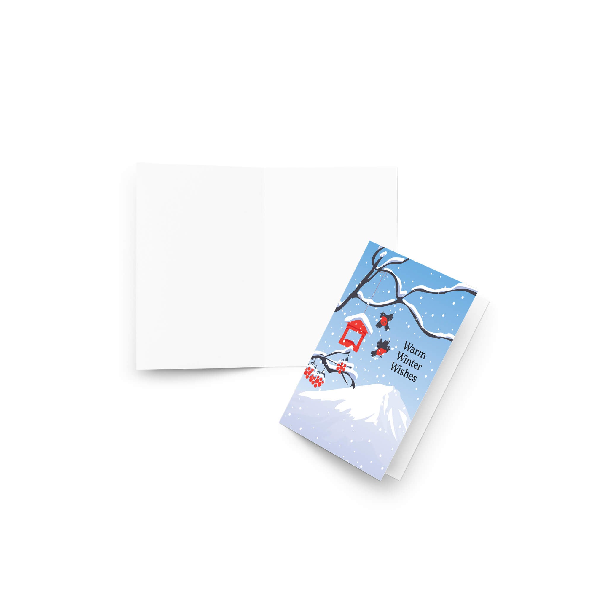 unique japanese christmas card. Snow-covered tree branches with red berries, birds, a red birdhouse, and Mt. Fuji. Text reads “Warm Winter Wishes.”