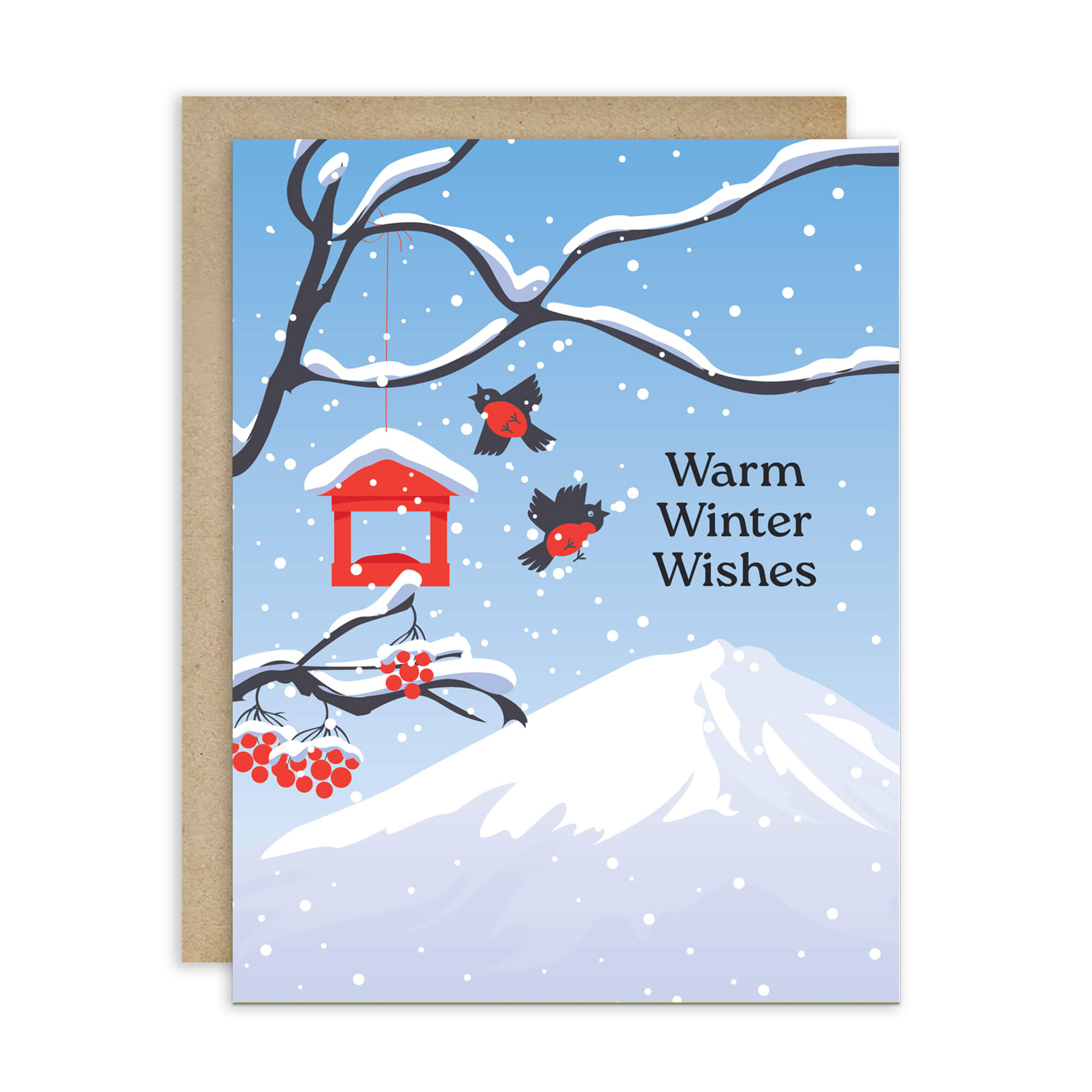 unique japanese christmas card. Snow-covered tree branches with red berries, birds, a red birdhouse, and Mt. Fuji. Text reads “Warm Winter Wishes.”