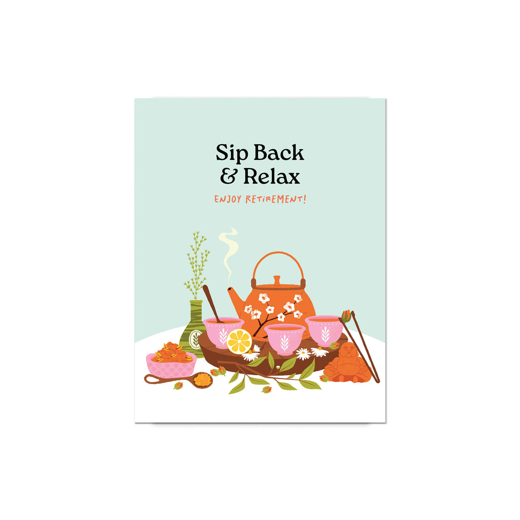 unique greeting Card with tea set illustration and 'Sip Back & Relax' text on a light blue background
