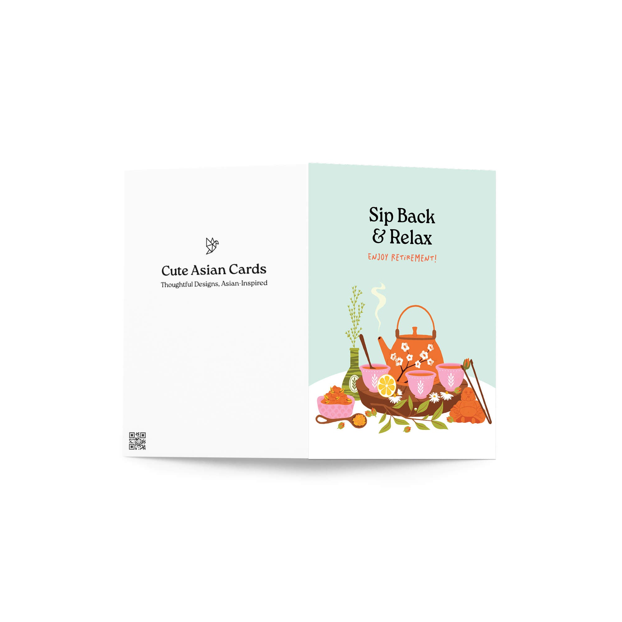 Card packaging with 'Sip Back & Relax' text and tea-themed illustration on a light green background.