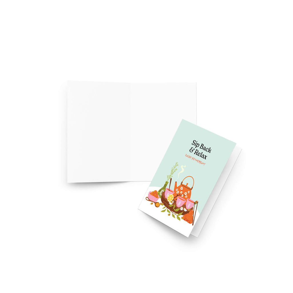Greeting card with a teapot and tea cups illustration and 'Sip Back & Relax Enjoy Retirement!' text.