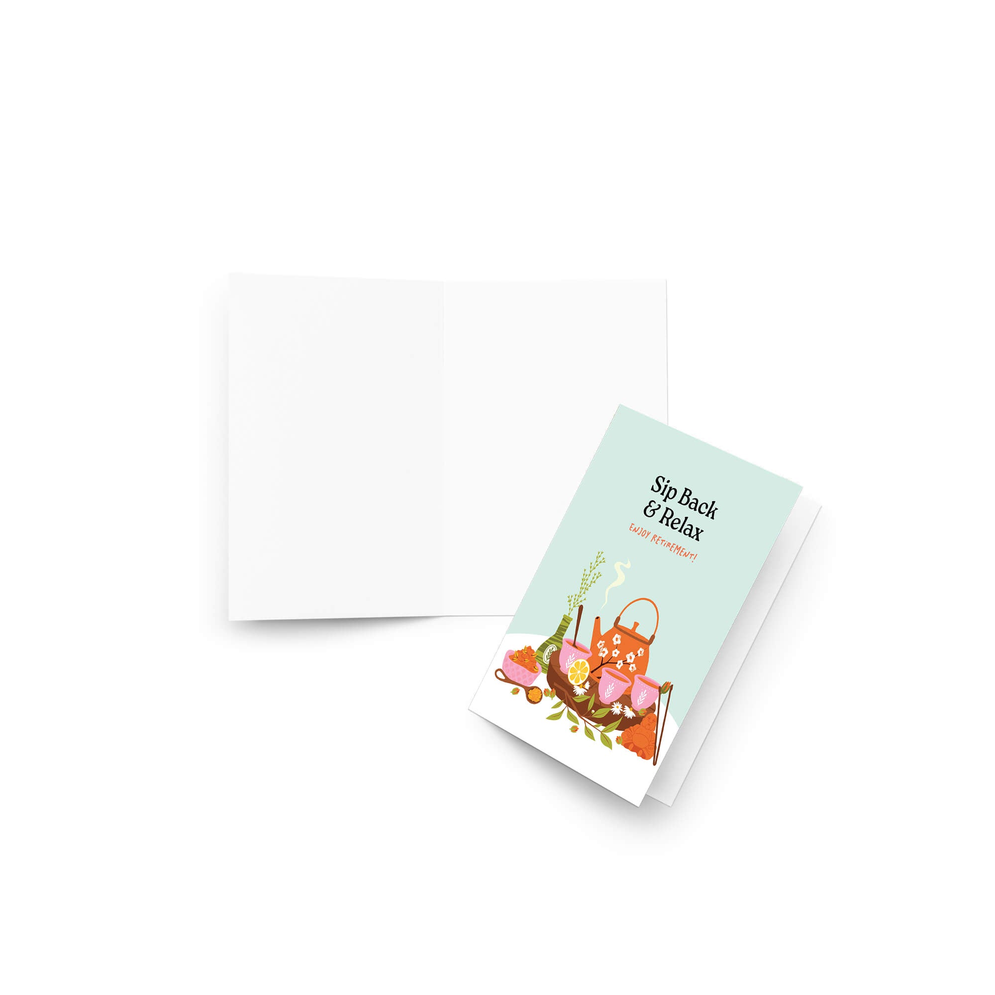 Greeting card with a teapot and tea cups illustration and 'Sip Back & Relax Enjoy Retirement!' text.