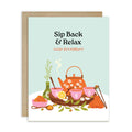 Greeting card with a teapot and tea cups illustration and 'Sip Back & Relax Enjoy Retirement!' text.