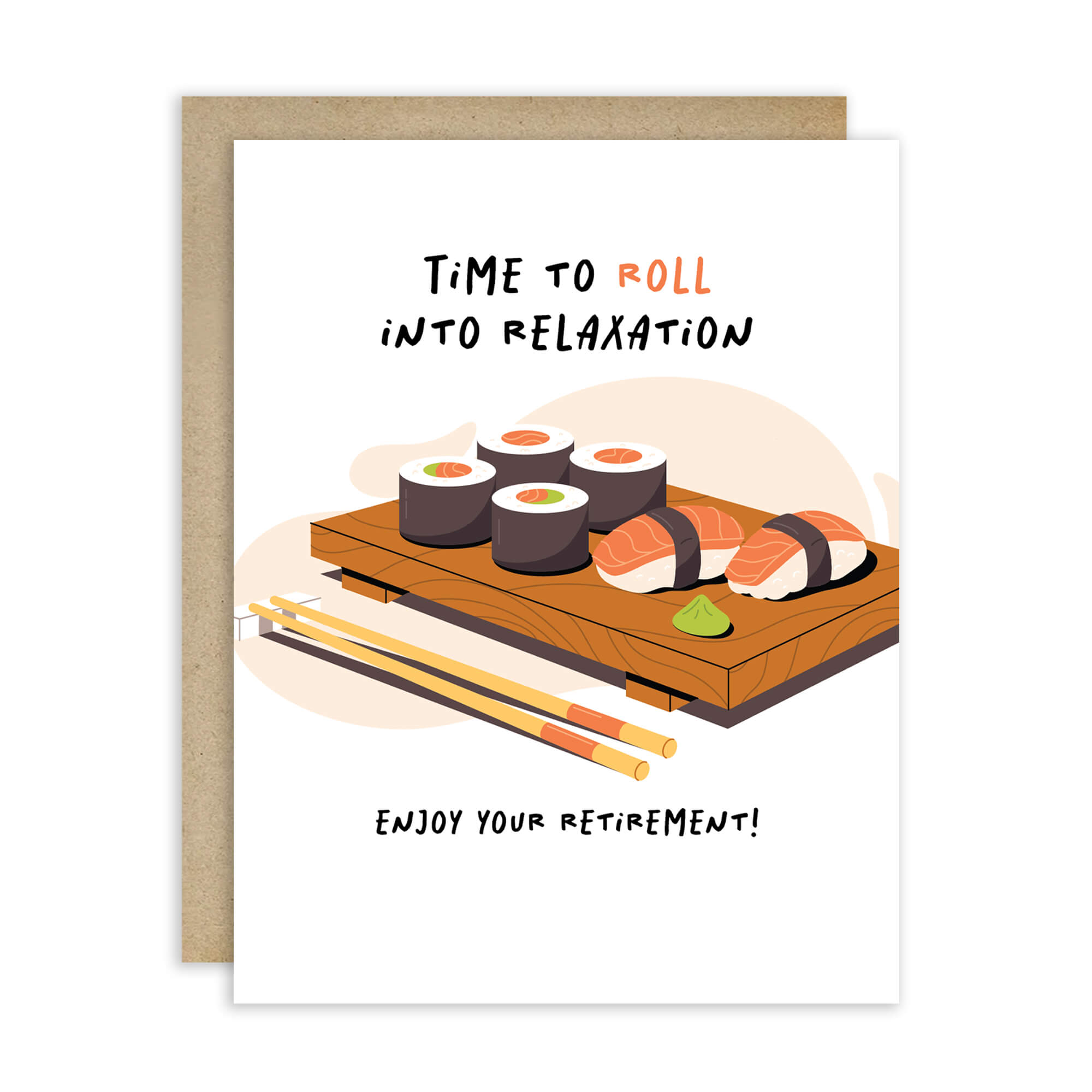 Greeting card with sushi illustration and retirement message on a white background