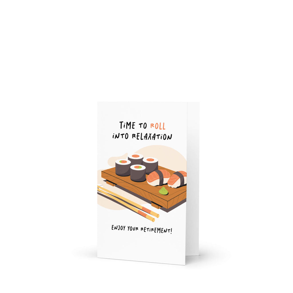 Greeting card with sushi illustration and retirement message on a white background