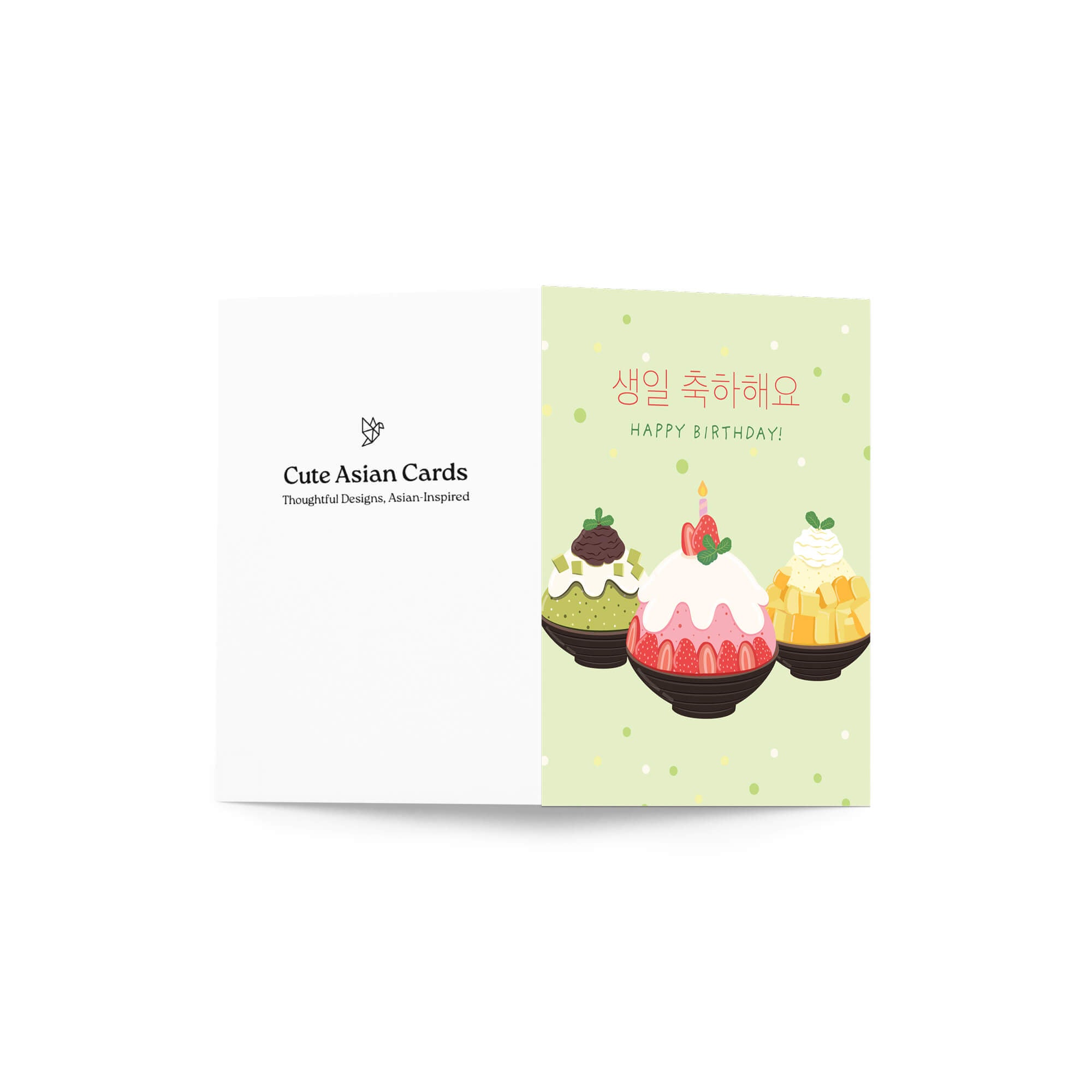 A folded Korean birthday card shown open against a white background. The left panel is white with the text 'Cute Asian Cards' and a small logo.