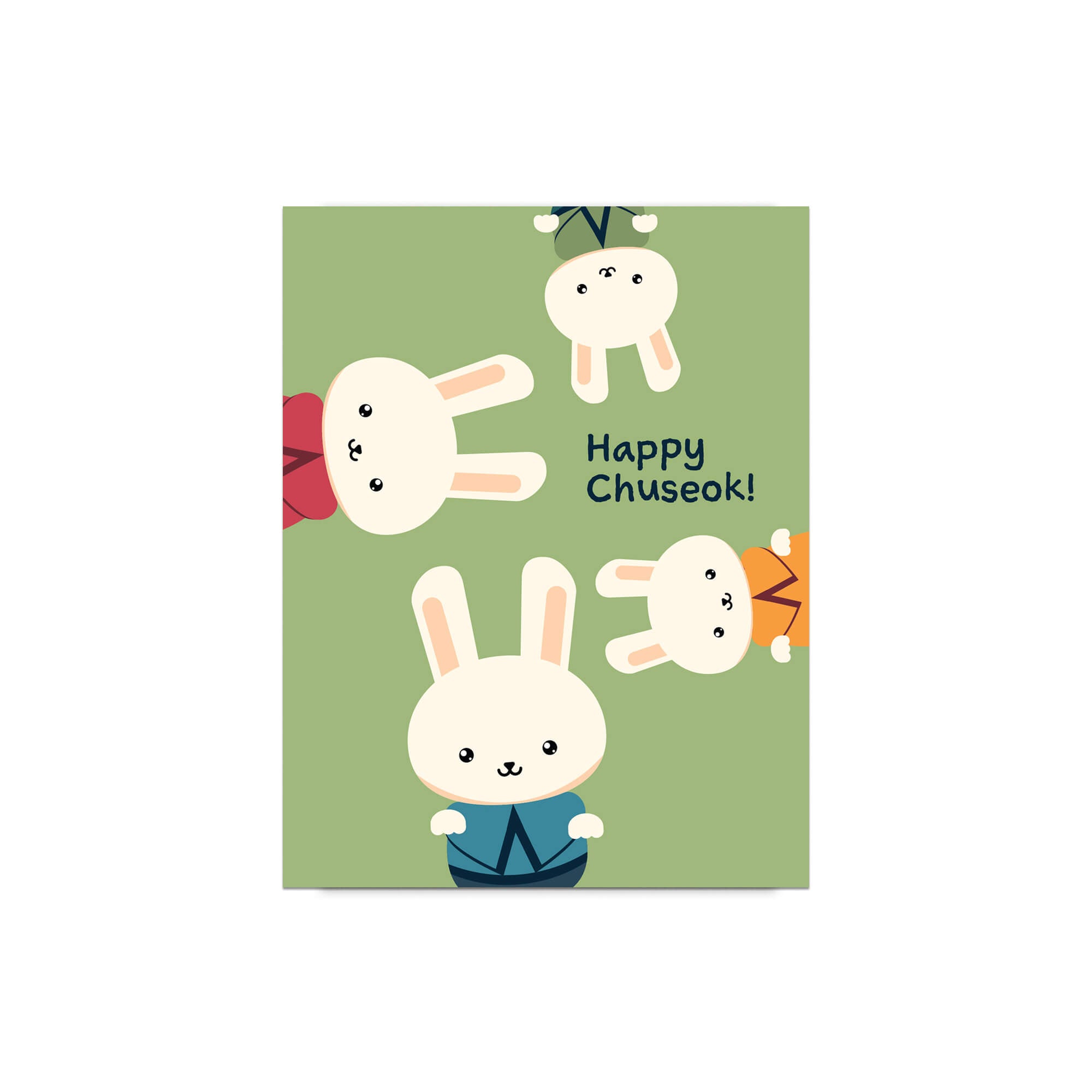 korean harvest greeting Card with cartoon rabbits and 'Happy Chuseok!' text on a green background