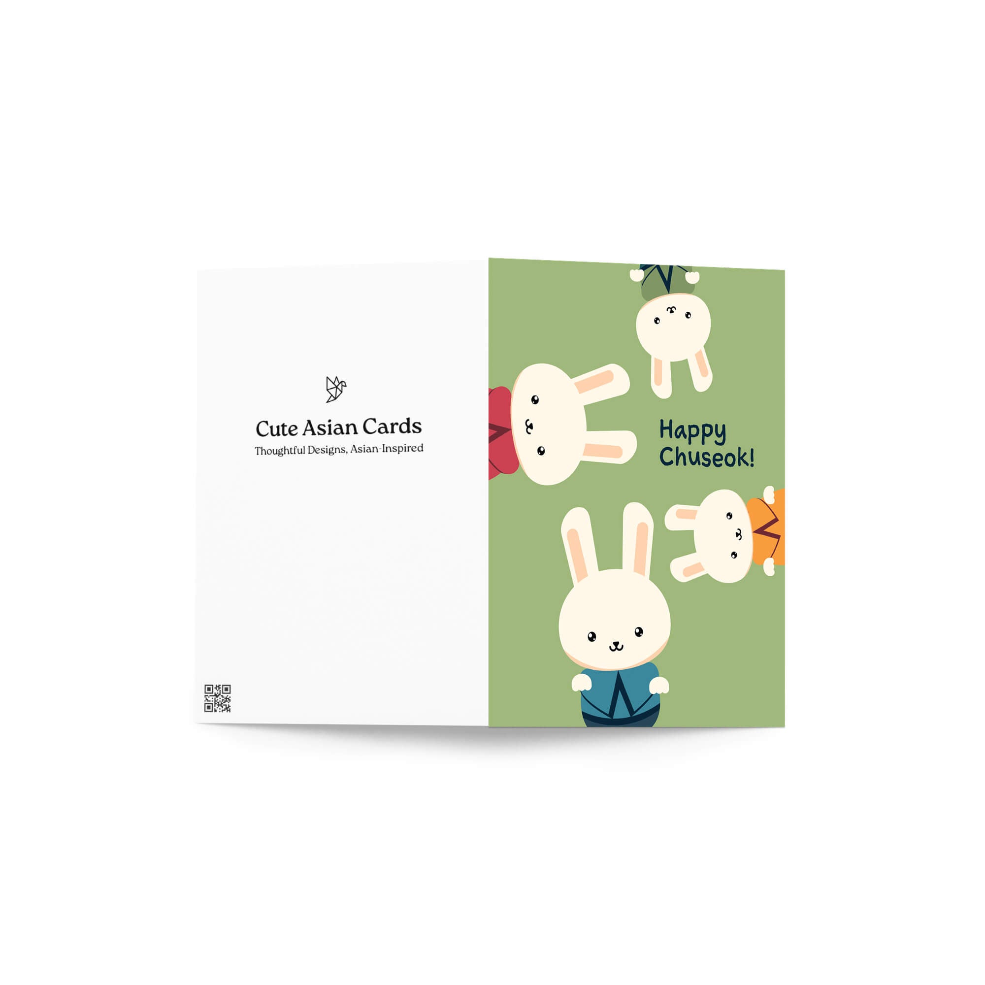 korean harvest greeting Card with cartoon rabbits and 'Happy Chuseok!' text on a green background