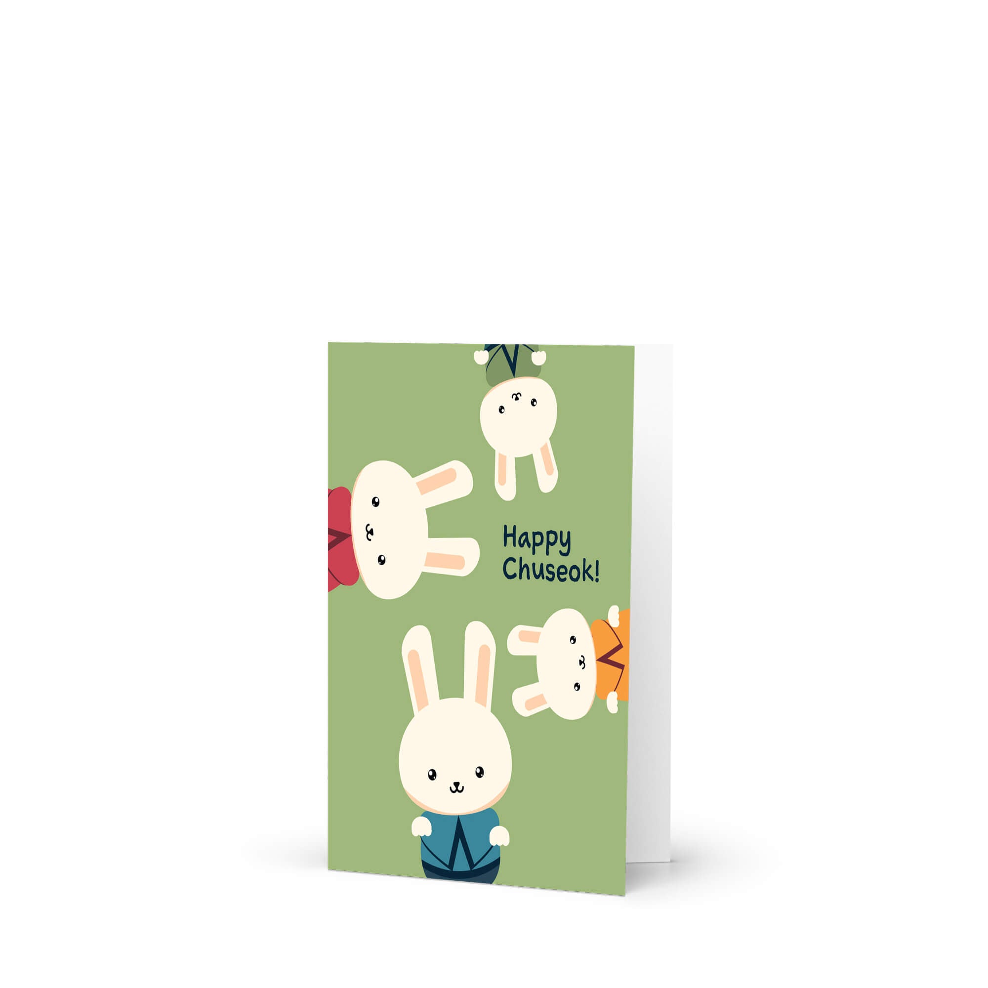 korean harvest Greeting card with cartoon bunnies and 'Happy Chuseok!' text on a green background