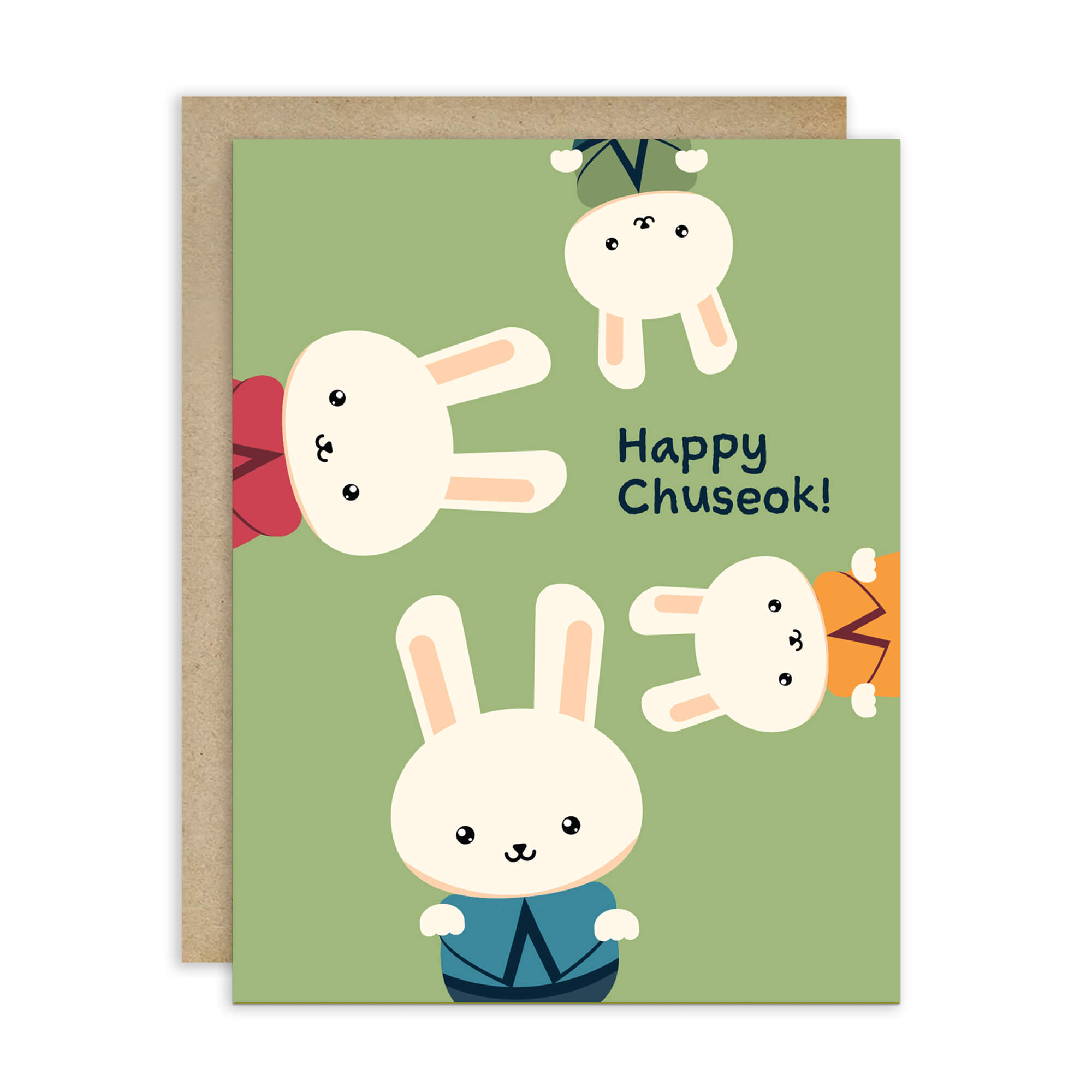 korean harvest Greeting card with cartoon bunnies and 'Happy Chuseok!' text on a green background