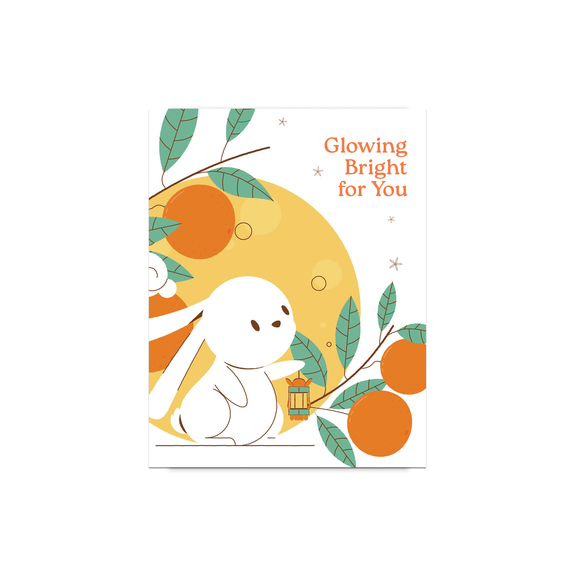 Greeting card with a white rabbit, oranges, and leaves on a white background