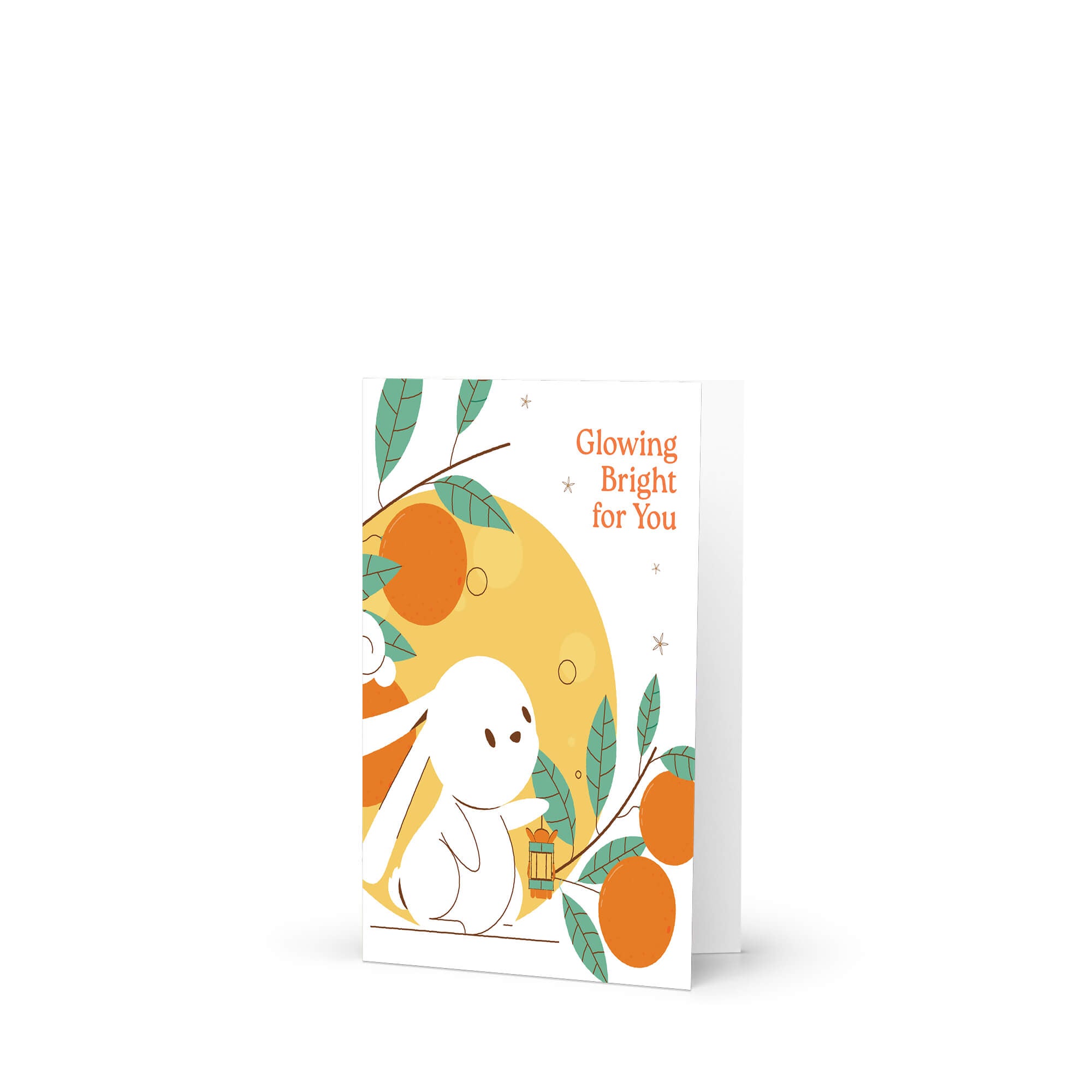 cute asian Greeting card with a white rabbit, orange fruits, and leaves on a white background
