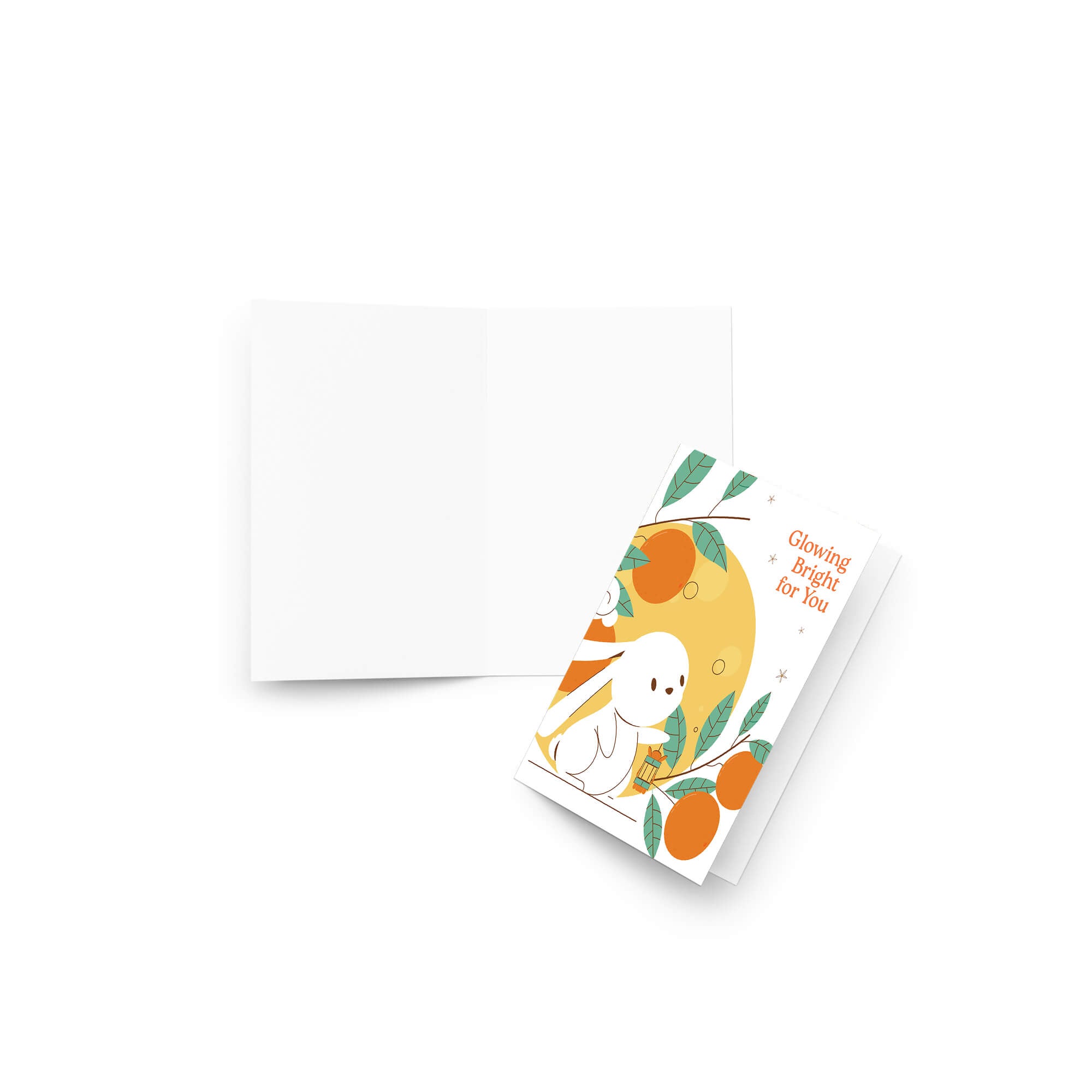 cute asian Greeting card with a white rabbit, orange fruits, and leaves on a white background