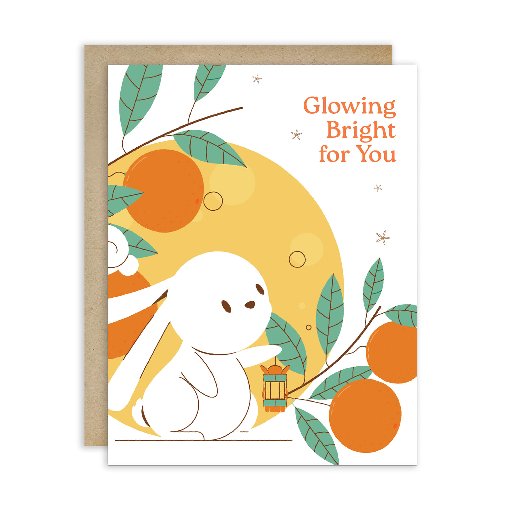 cute asian Greeting card with a white rabbit, orange fruits, and leaves on a white background