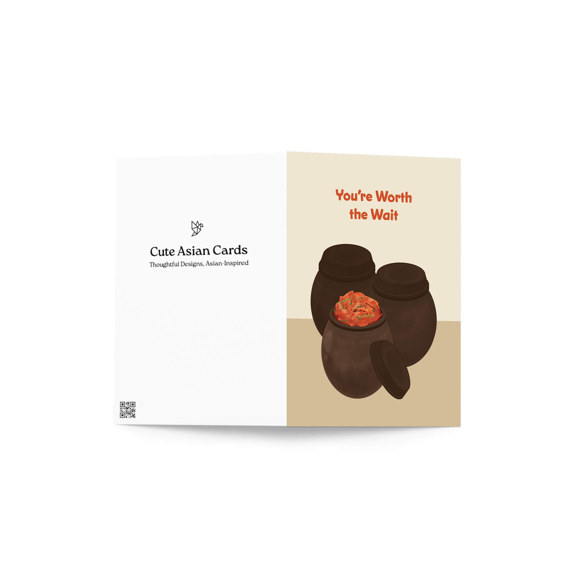 Greeting card with two traditional korean fermenting pots and a kimchi cabbage inside, text 'You're Worth the Wait' on a beige background.