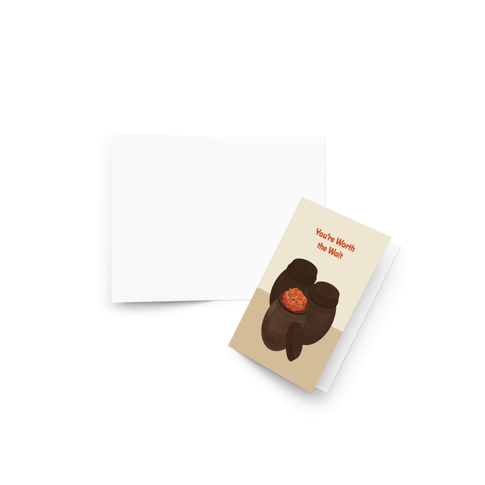 Greeting card with two traditional korean fermenting pots and a kimchi cabbage inside, text 'You're Worth the Wait' on a beige background.