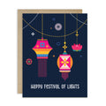 indian hindu Greeting card with colorful lanterns and 'Happy Festival of Lights' text on a dark blue background.