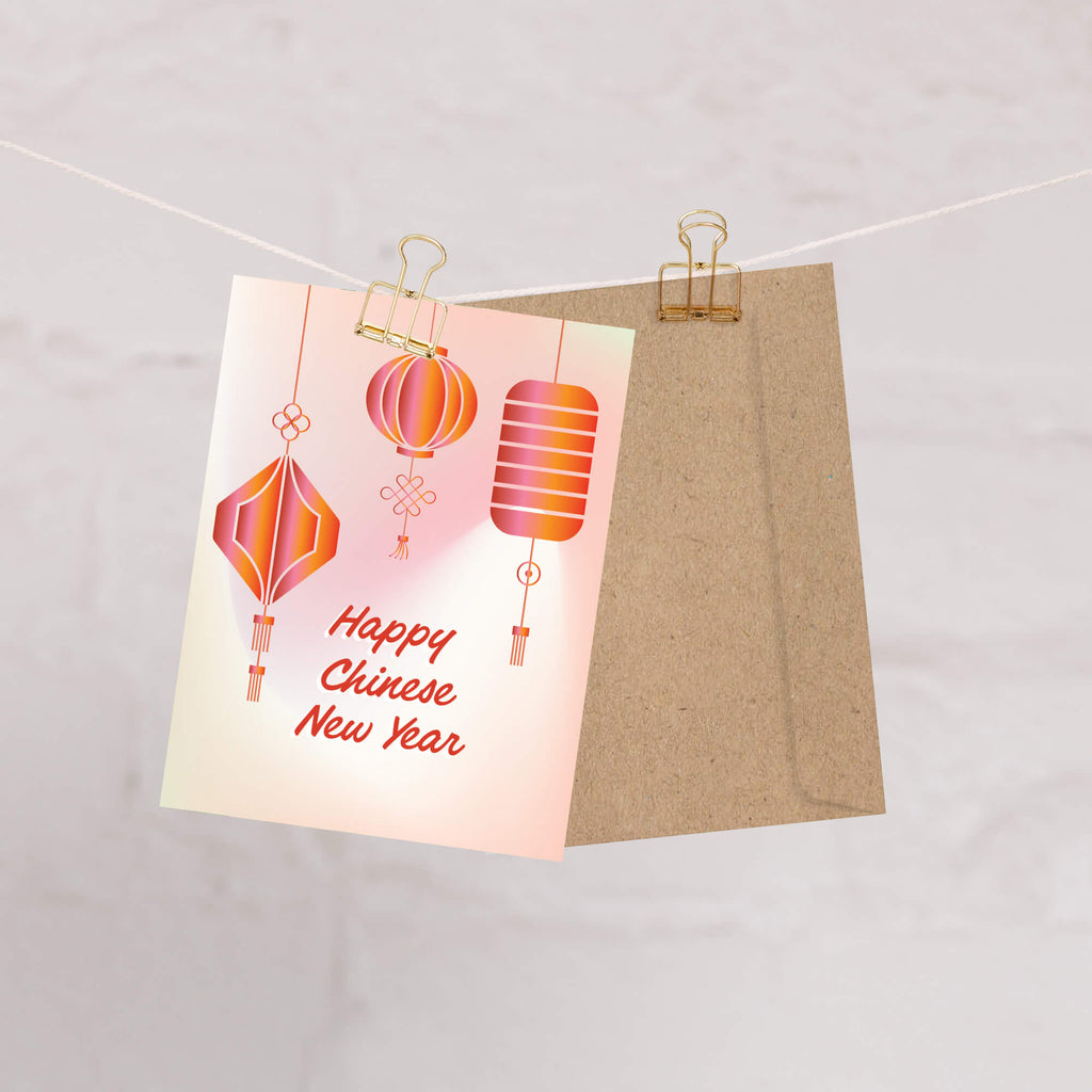 asian Greeting card with red lanterns and 'Happy Chinese New Year' text on a gradient background