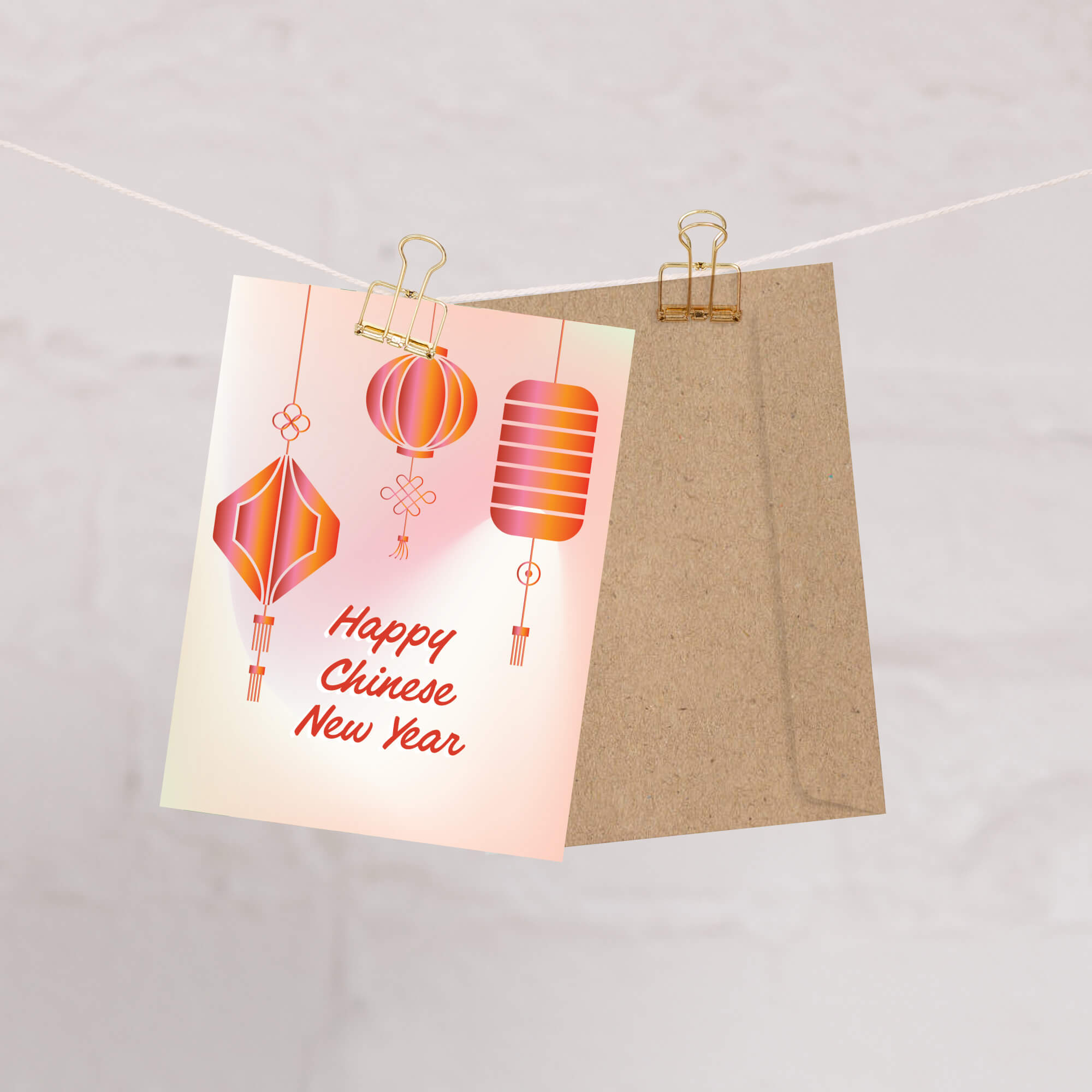 asian Greeting card with red lanterns and 'Happy Chinese New Year' text on a gradient background