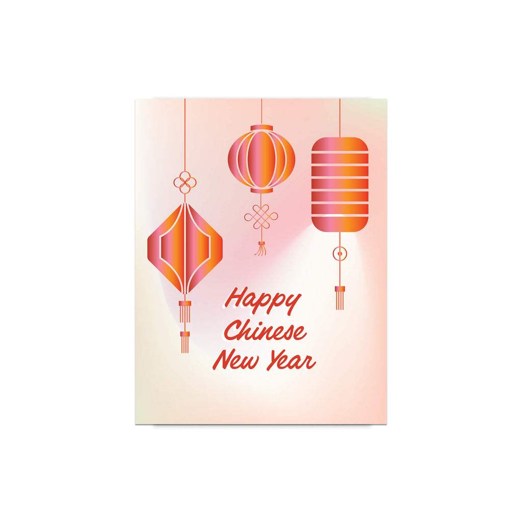 asian Greeting card with red lanterns and 'Happy Chinese New Year' text on a gradient background