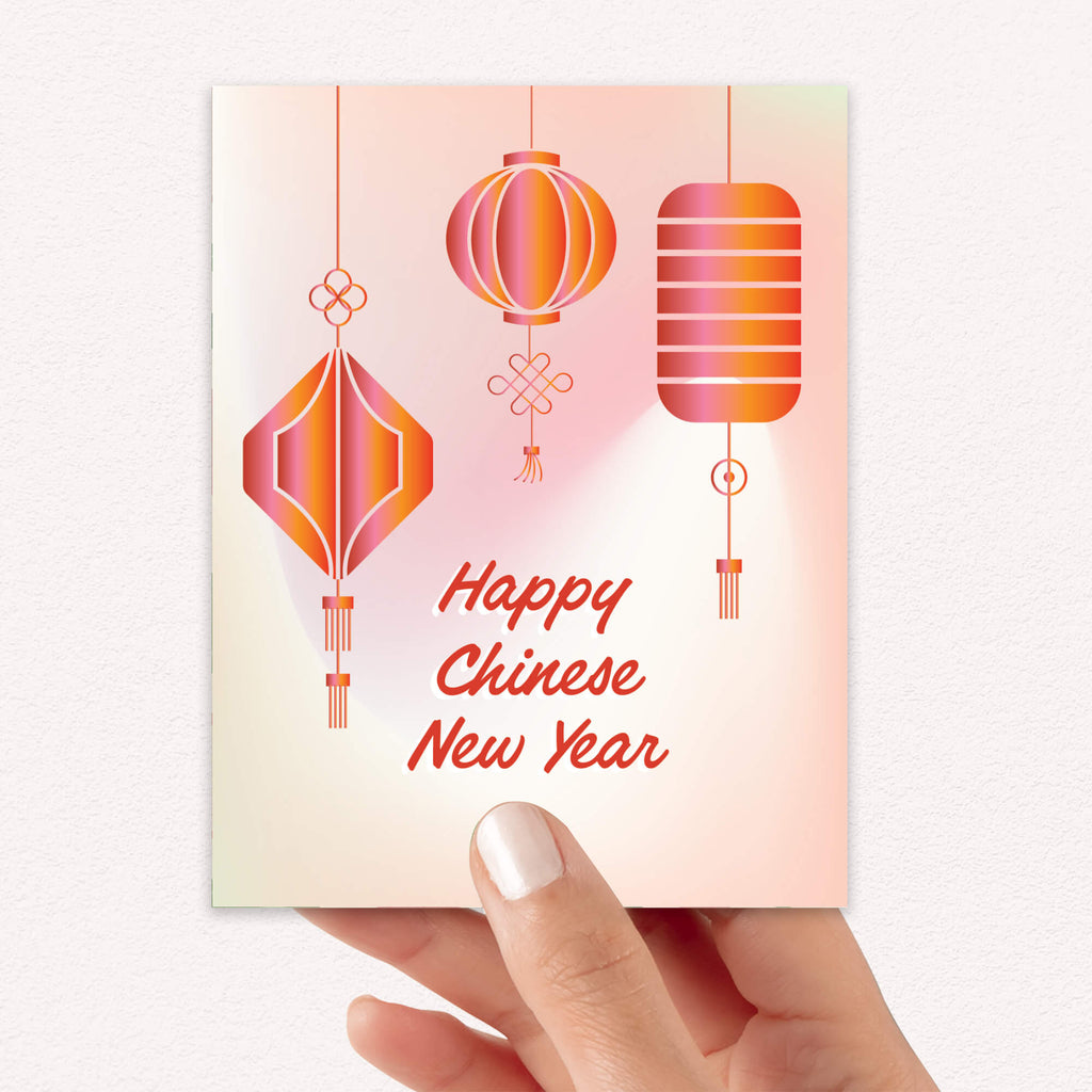 asian Greeting card with red lanterns and 'Happy Chinese New Year' text on a gradient background