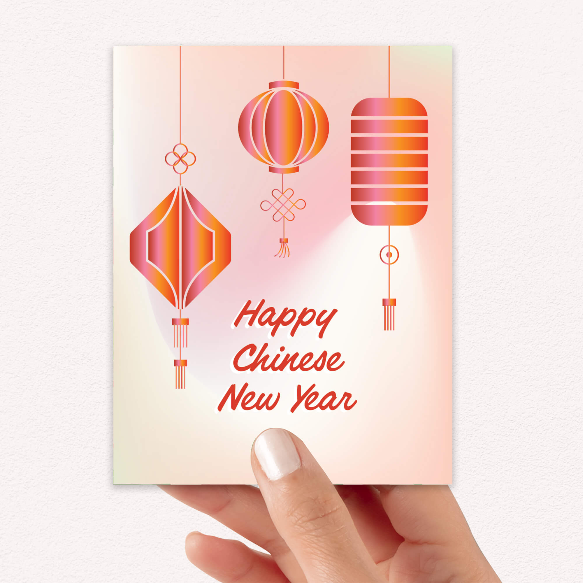 asian Greeting card with red lanterns and 'Happy Chinese New Year' text on a gradient background